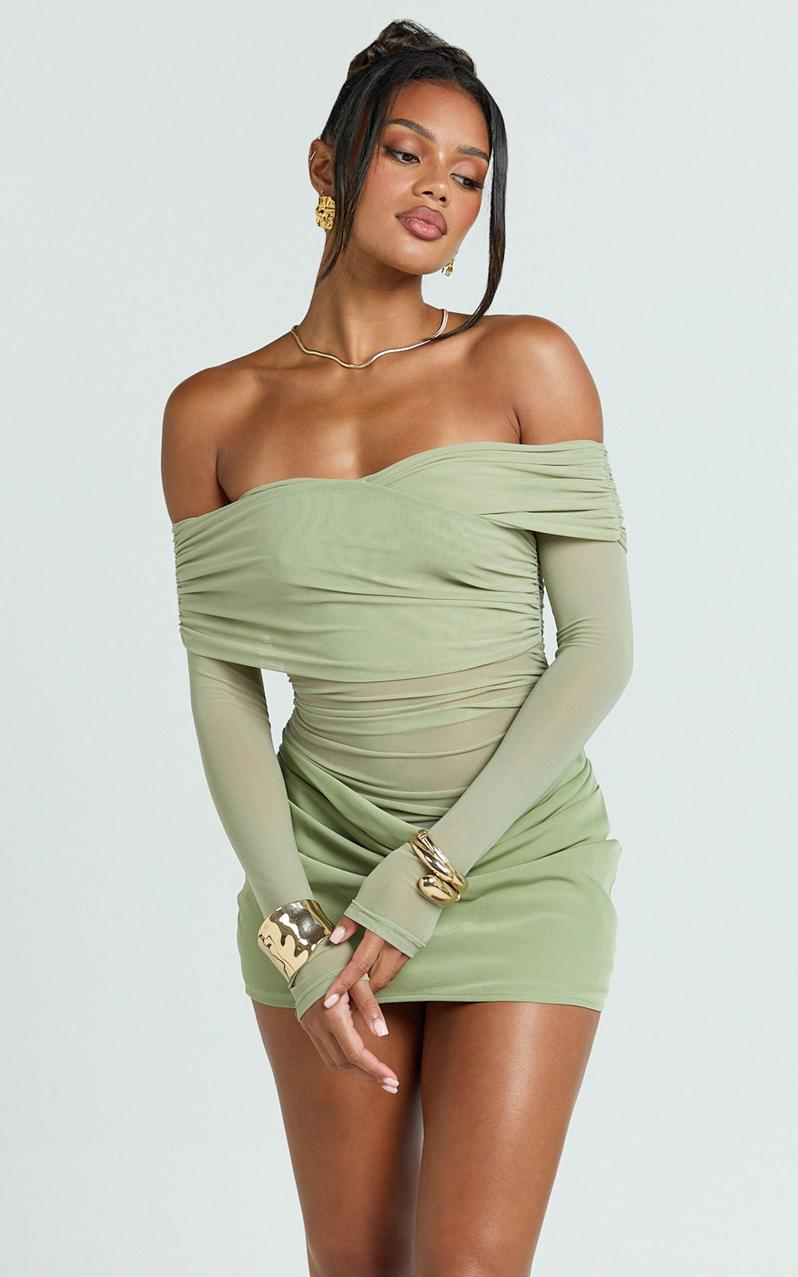 Jade Mini Dress - Long Sleeve Off Shoulder Draped Bias Cut Dress in Sage