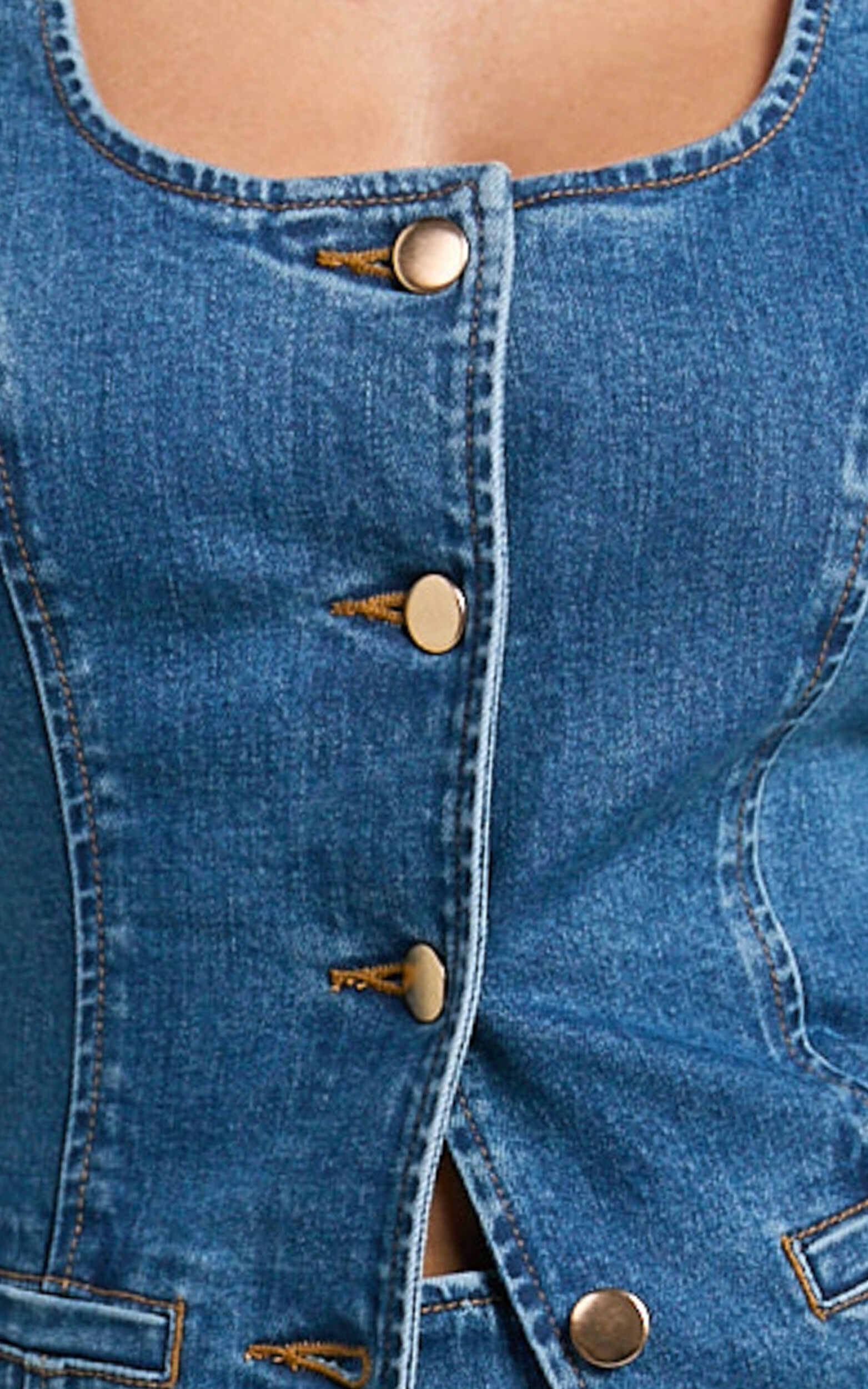 Raquel Top - Denim Scoop Neck Button Down Vest in Dark Blue Wash