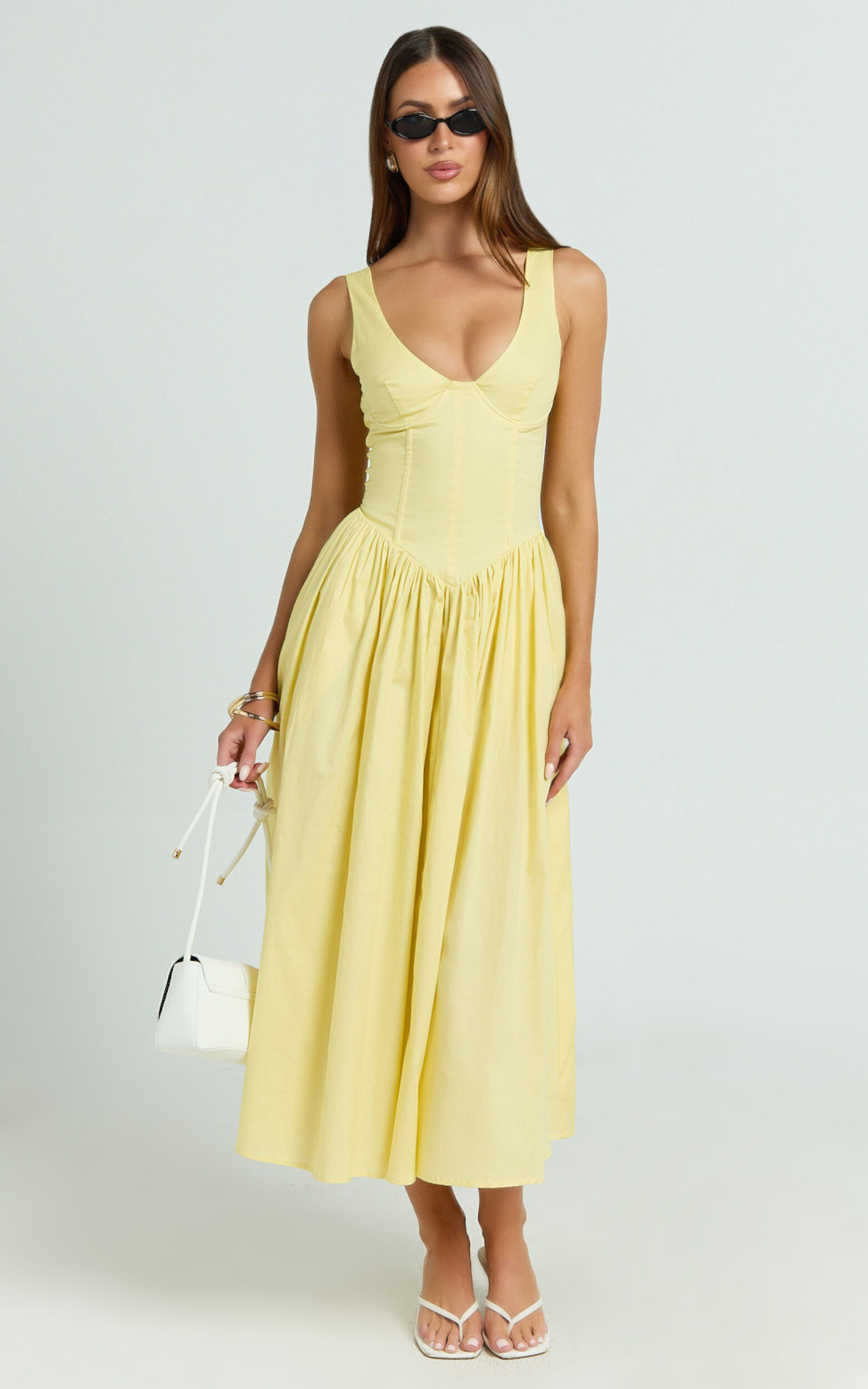 Beckett Midi Dress - Scoop Neck Drop V Waist Gathered Skirt Dress in Butter Yellow