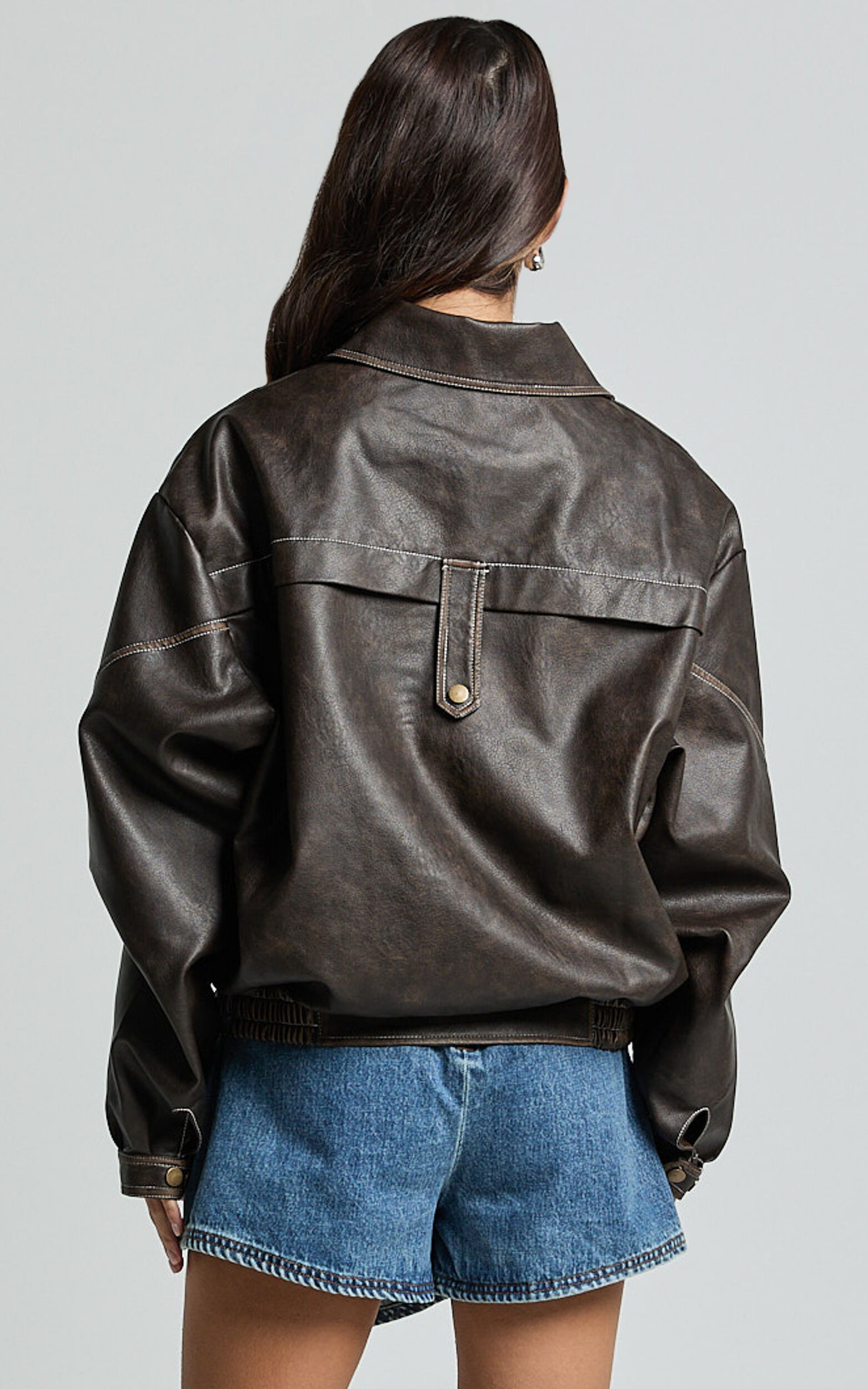 Gail Jacket - Faux Leather Bomber Jacket in Washed Brown