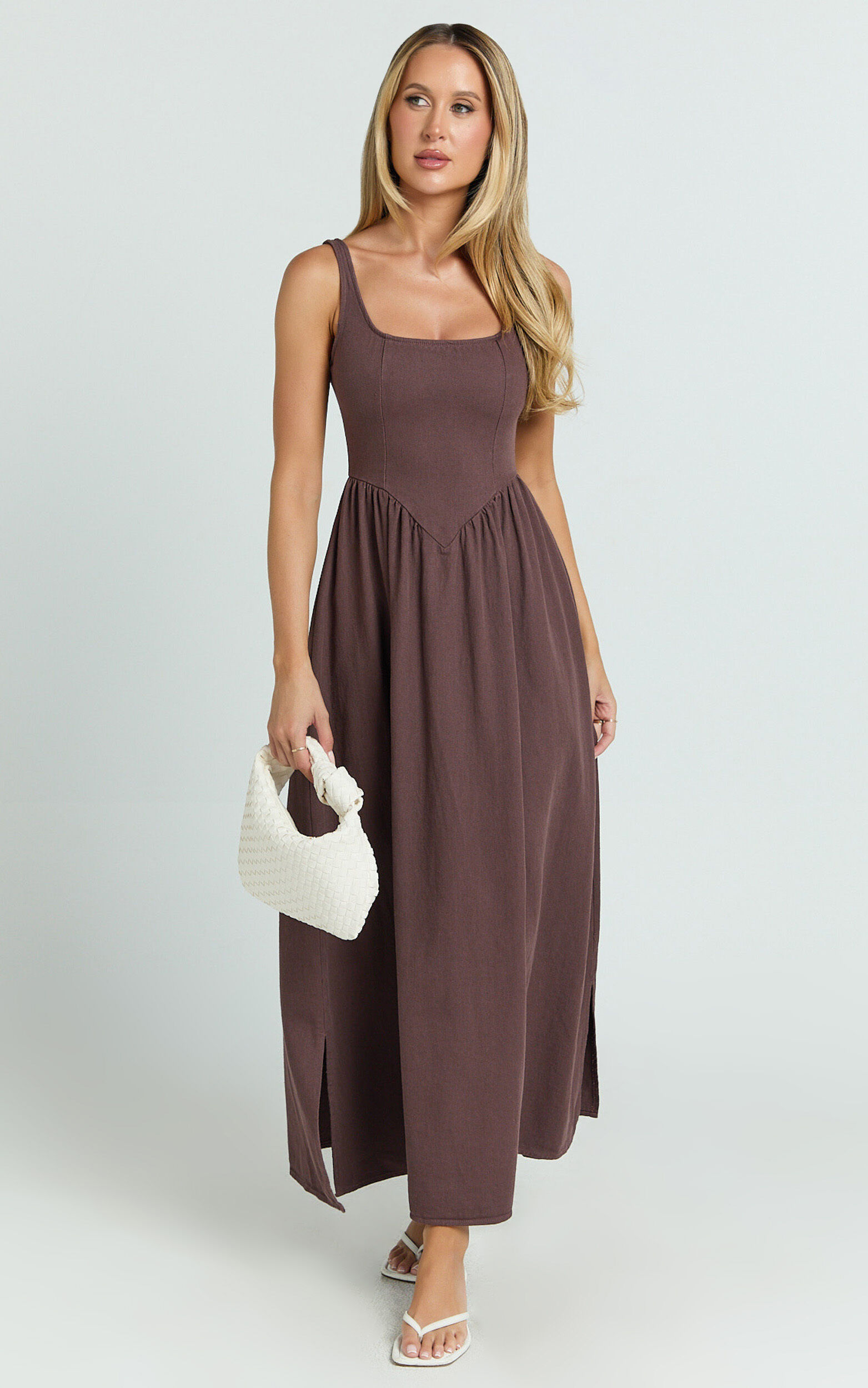 Rhaziya Midi Dress - Sleeveless Straight Neck Fit and Flare Dress in Chocolate