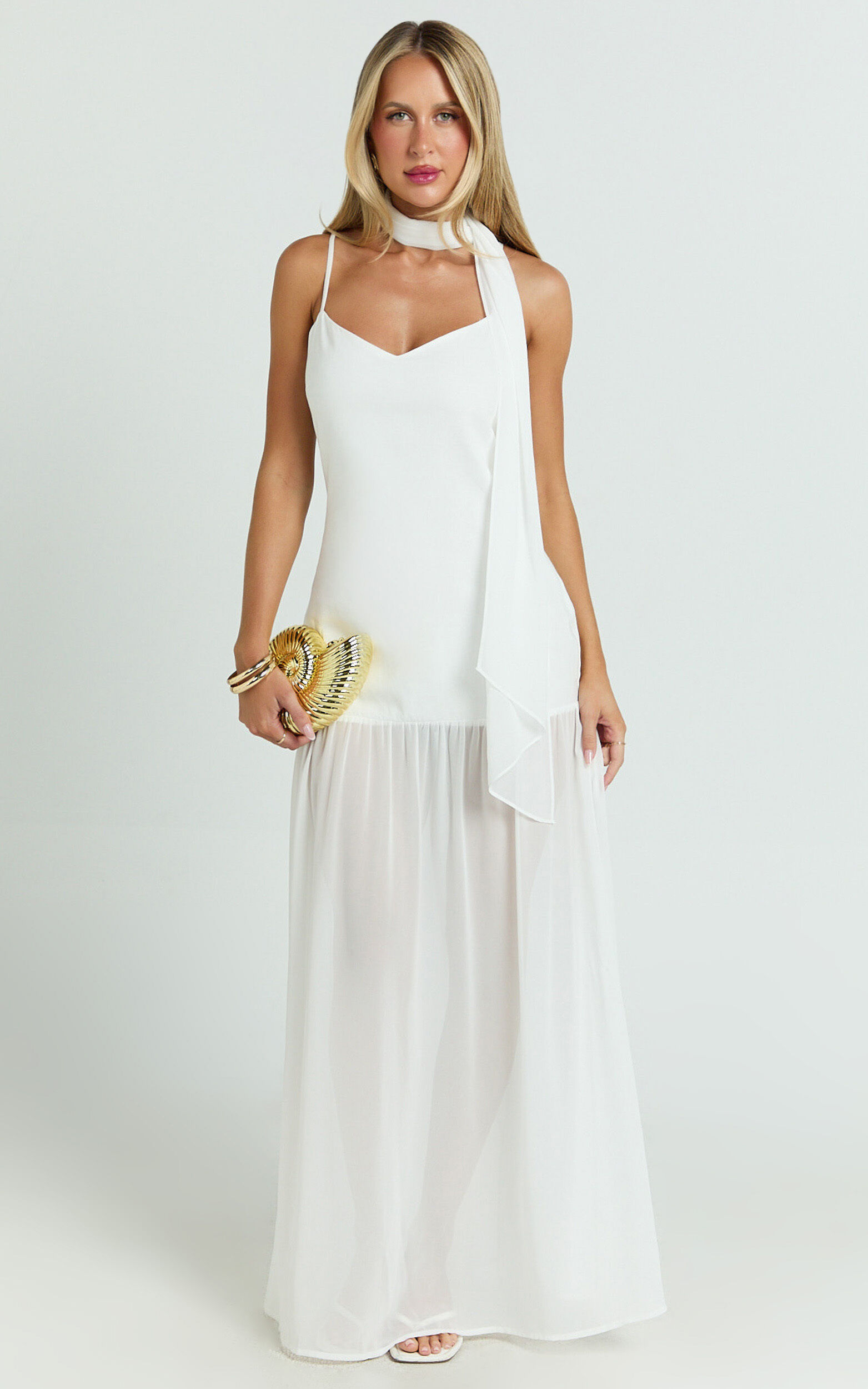 Calvin Maxi Dress - Linen Look Contrast Georgette Skirt with Neck Scarf in White
