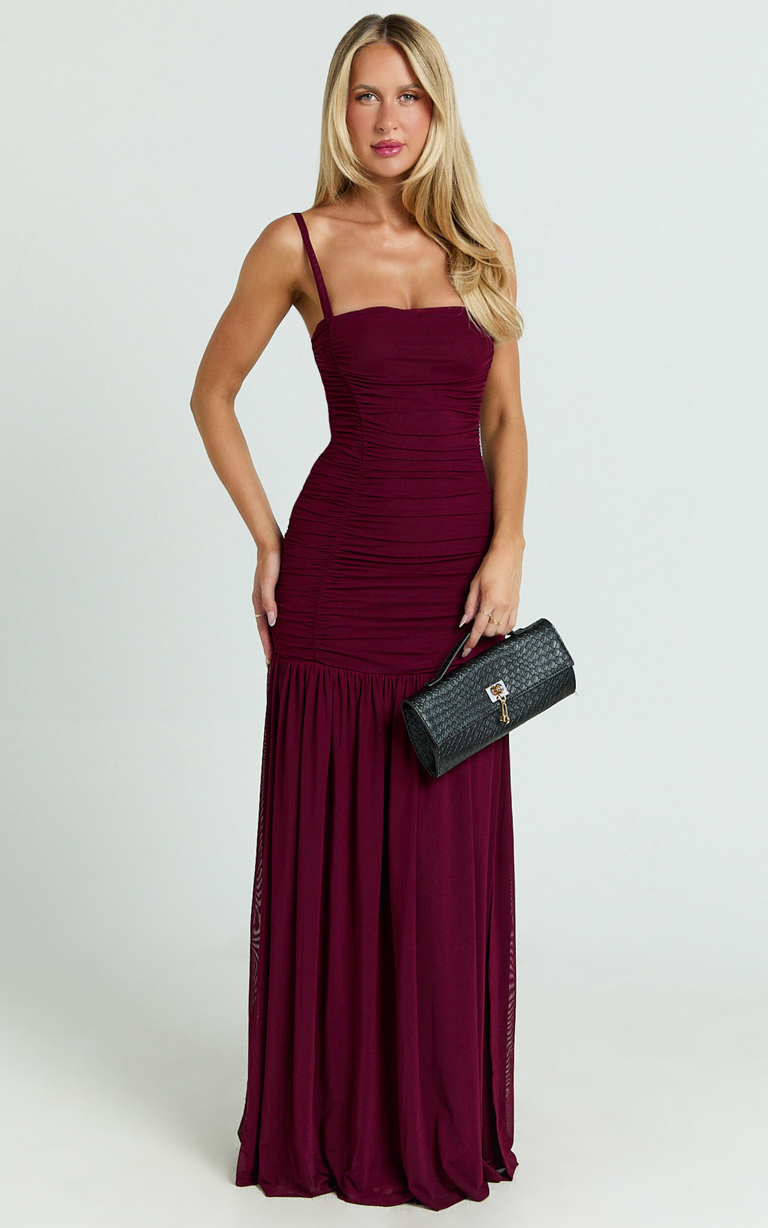 Cardi Maxi Dress - Ruched Mesh High Leg Split Dress in Wine