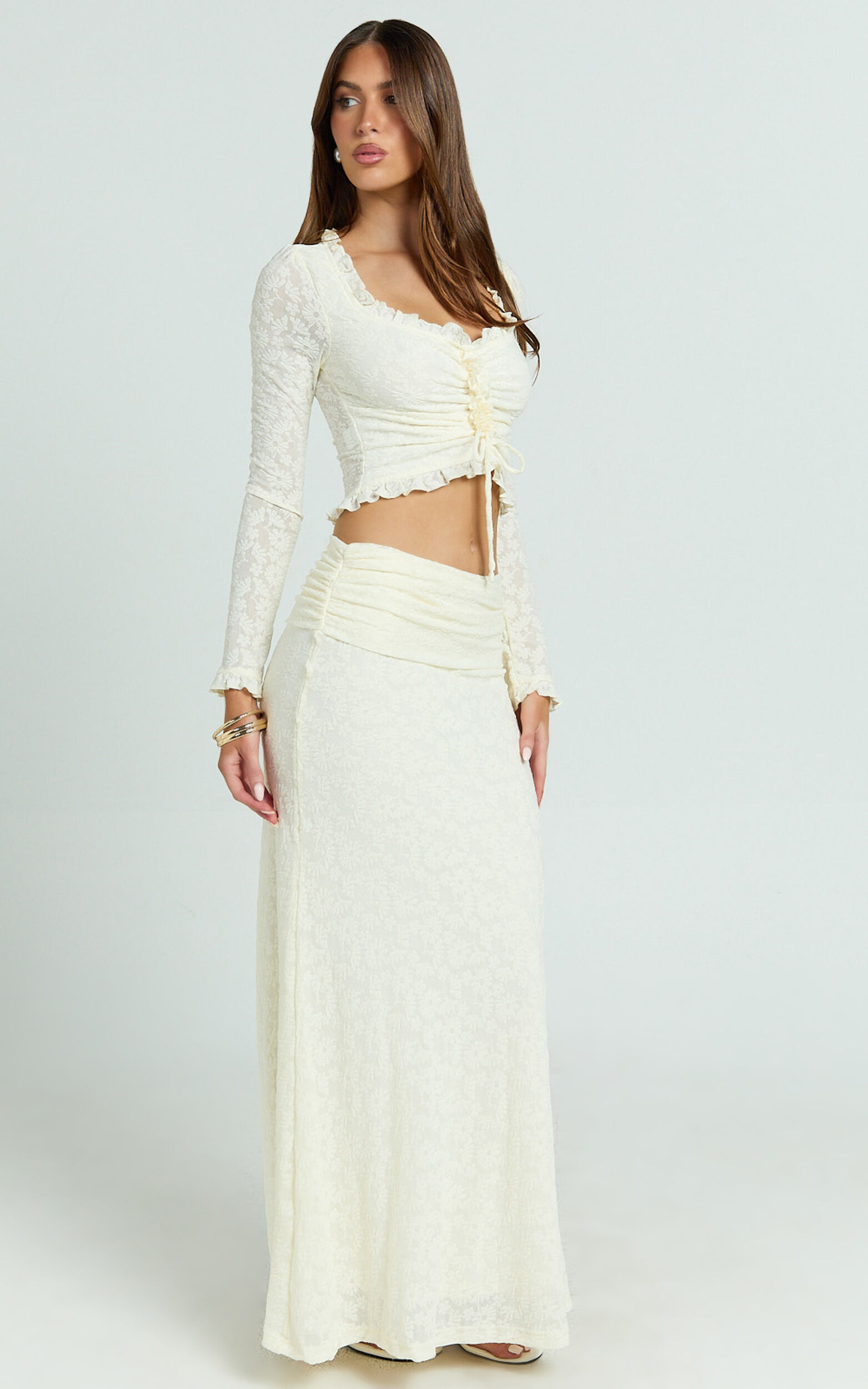 Gelyn Two Piece Set - Lace Ruffle Detail Long Sleeve Top and Maxi Skirt Set in Cream