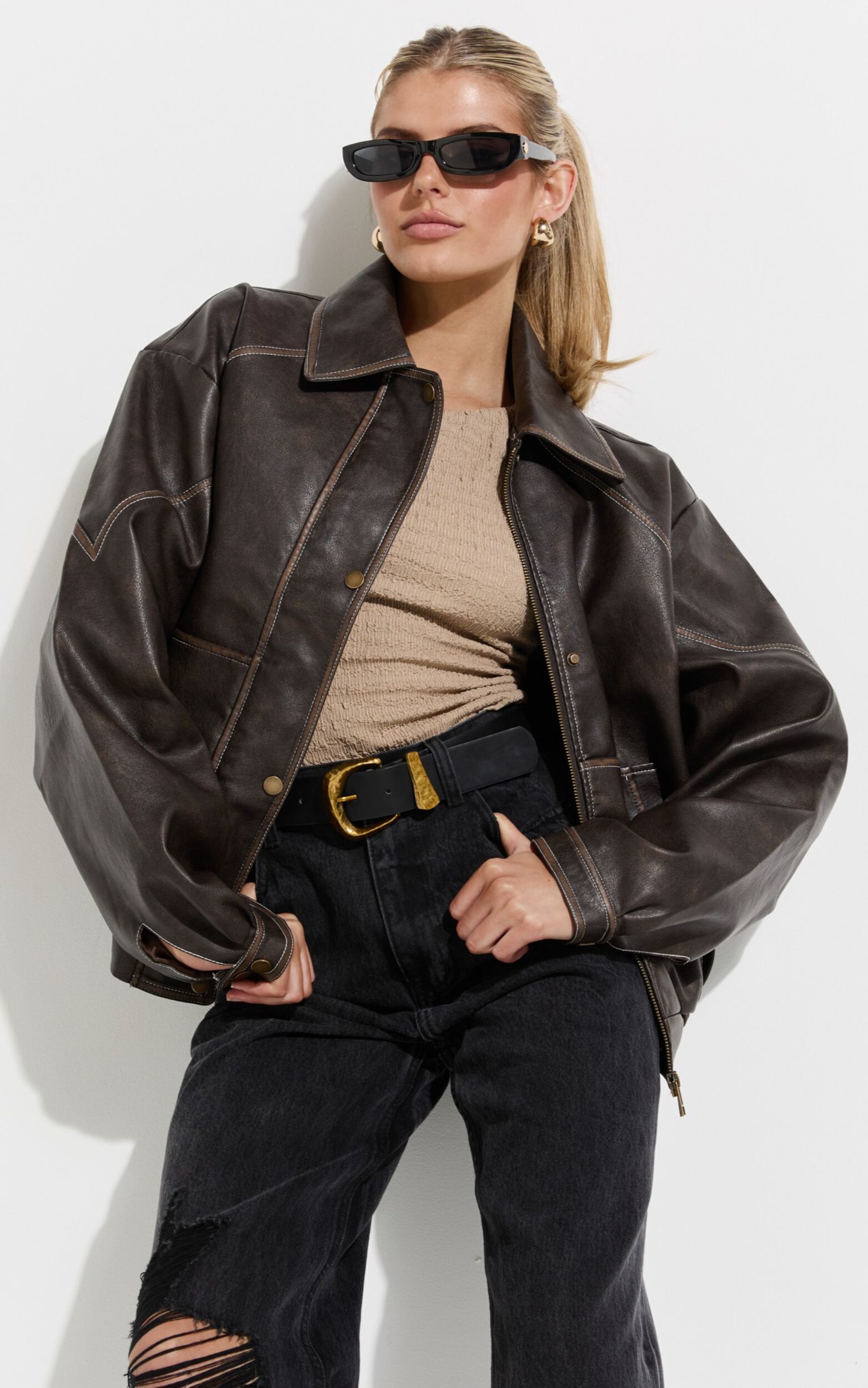 Gail Jacket - Faux Leather Bomber Jacket in Washed Brown