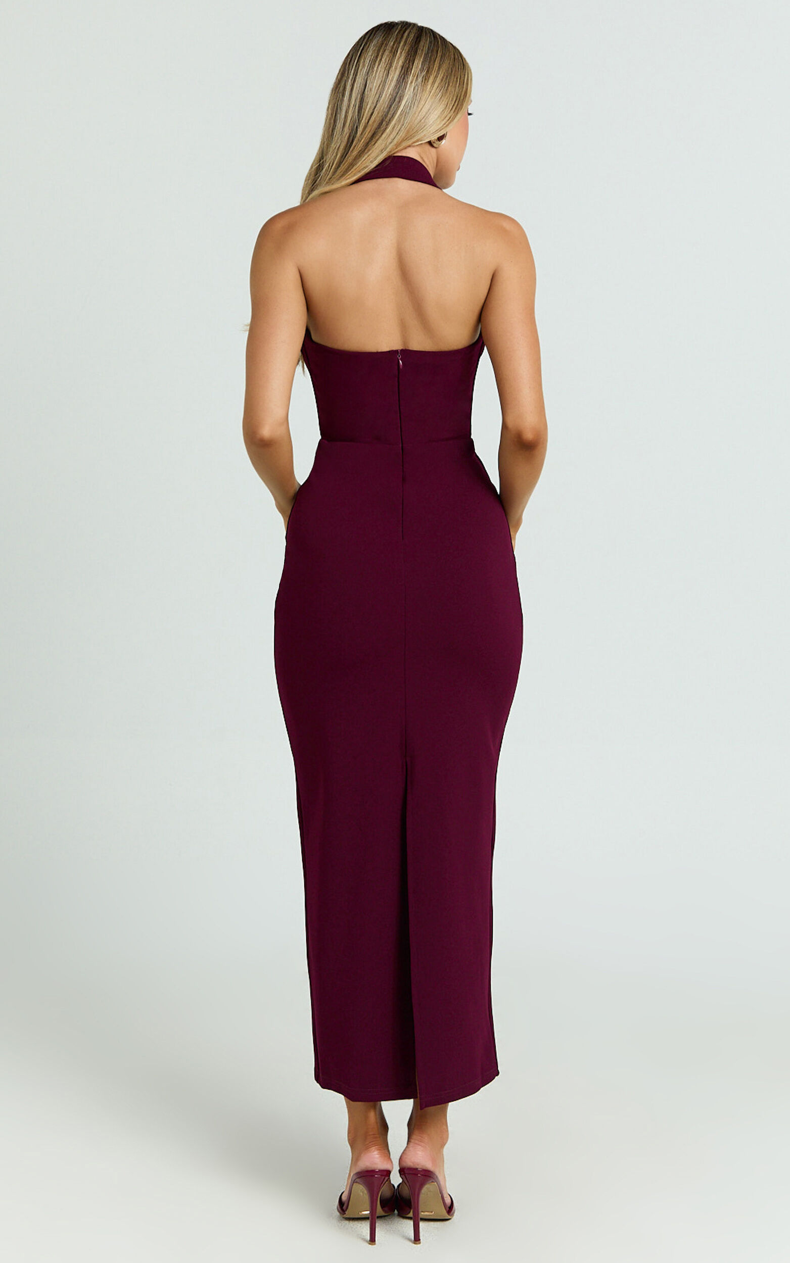 Salome Midi Dress - Halter Neck Column Dress in Wine