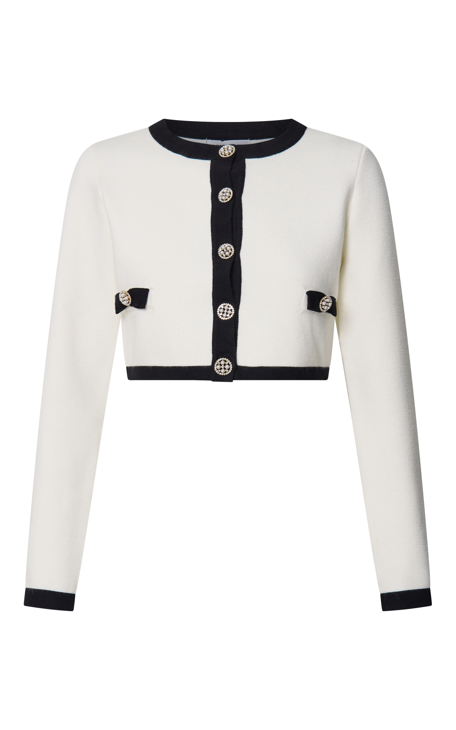 Alyce Cardigan - Button Through Bow Detail Contrast Knit Cardigan in White & Black