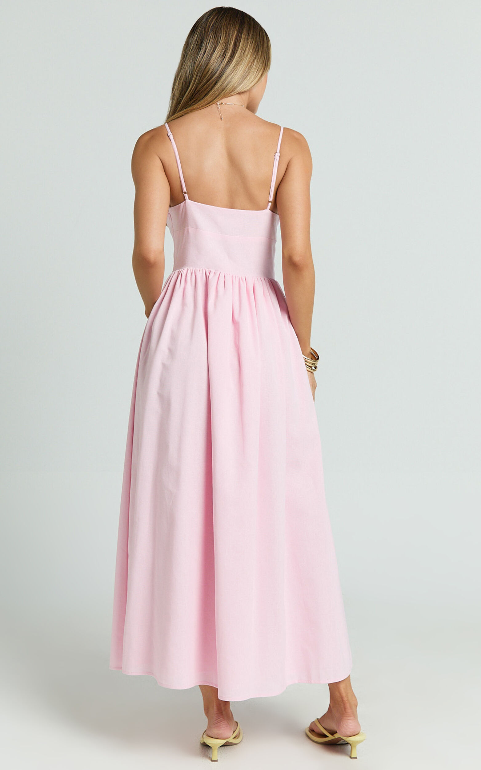 Morris Midi Dress - Linen Scoop Neck Gathered Dress in Pink