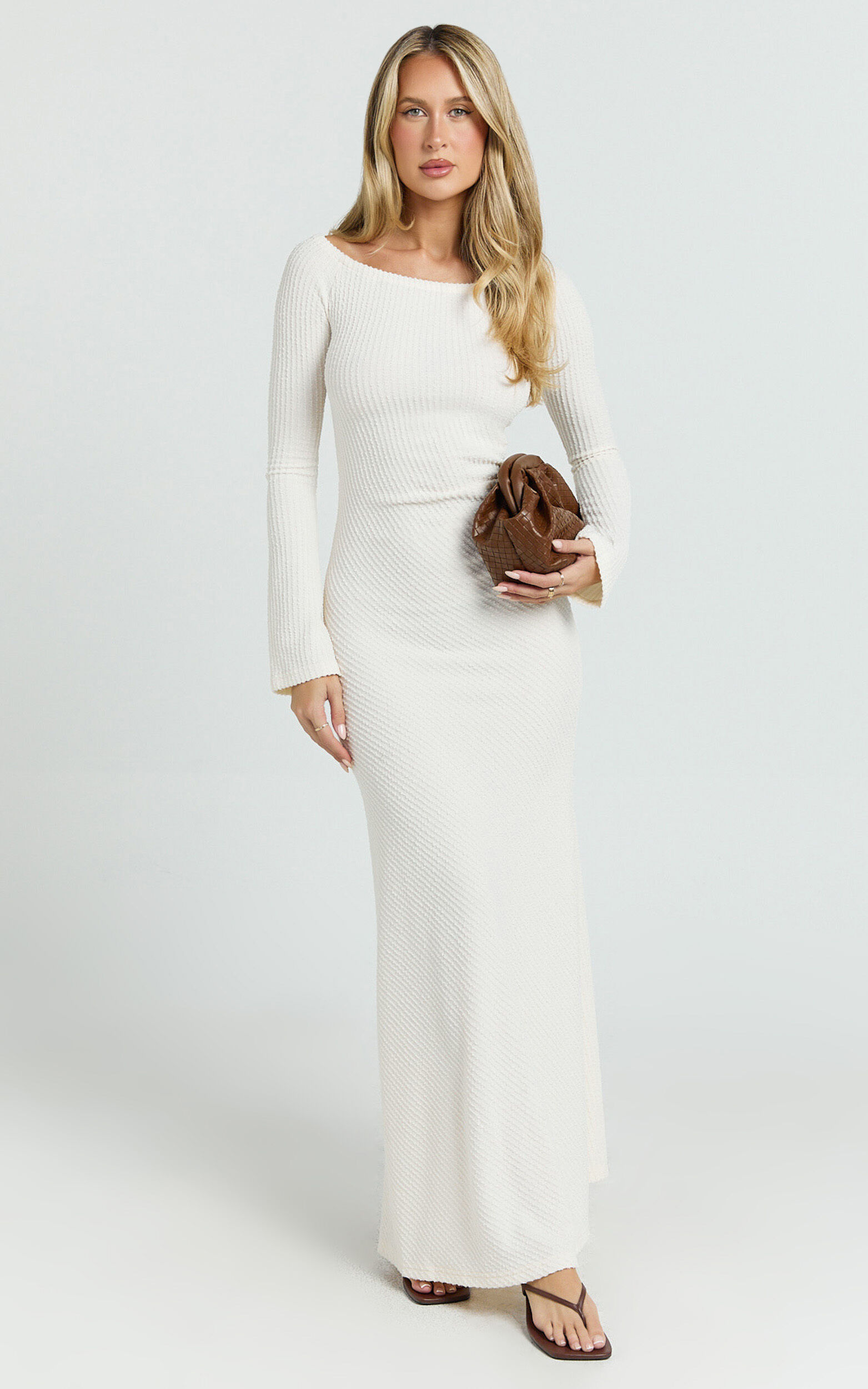 Ayla Maxi Dress - Off Shoulder Flared Sleeve Bodycon Dress in Off White
