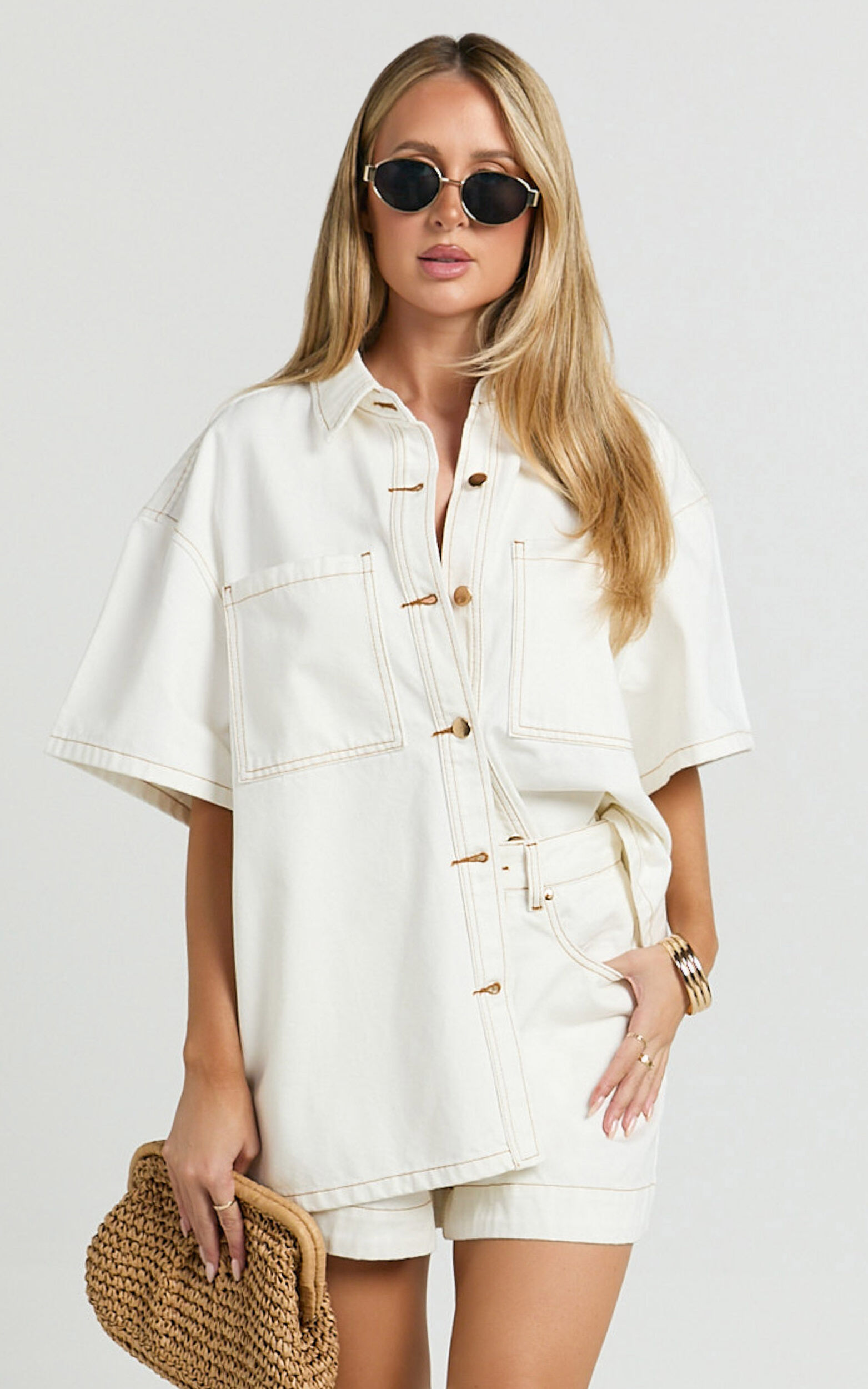 Rhianna Shorts - Mid Waist Recycled Denim Shorts in Ecru with Contrast Tobacco Stitch