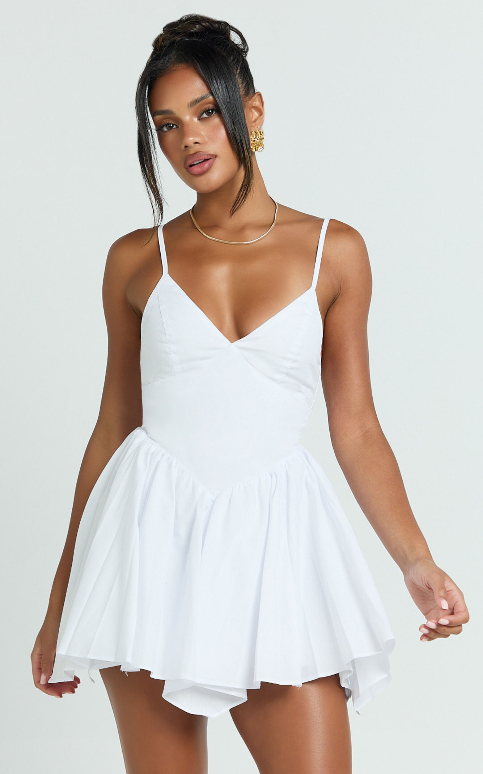 Julie Mini Dress - V Neck Drop V Waist Pleated Dress in White