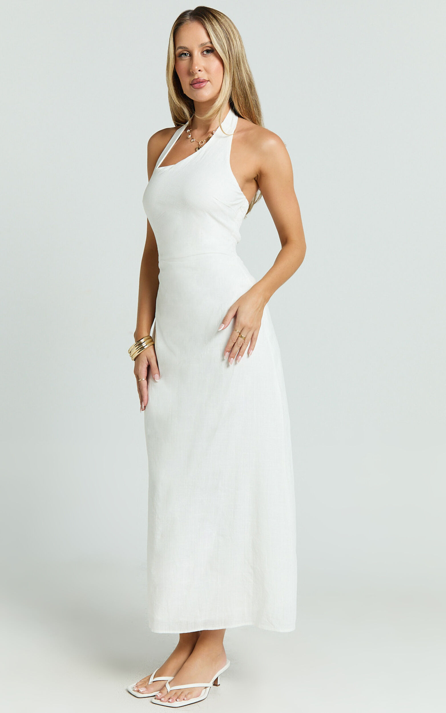 Lindley Midi Dress - Halter Neck Linen Look Dress in White