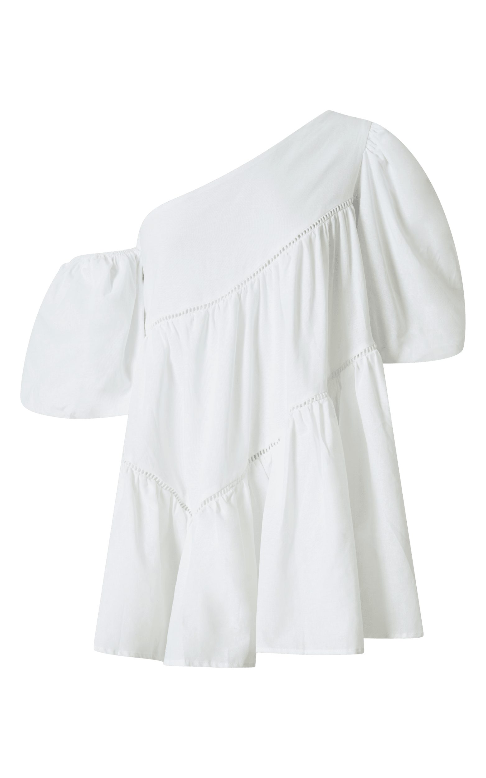 Harleen Mini Dress - Linen Asymmetrical Trim Puff Sleeve Dress in White