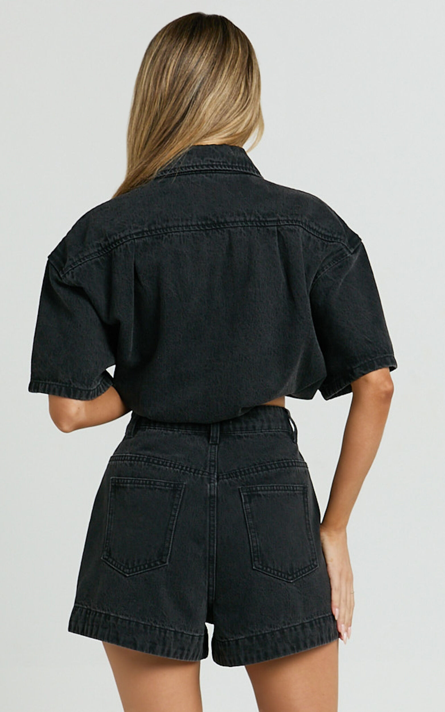 Rhianna Shorts - Mid Waist Recycled Denim Shorts in Washed Black