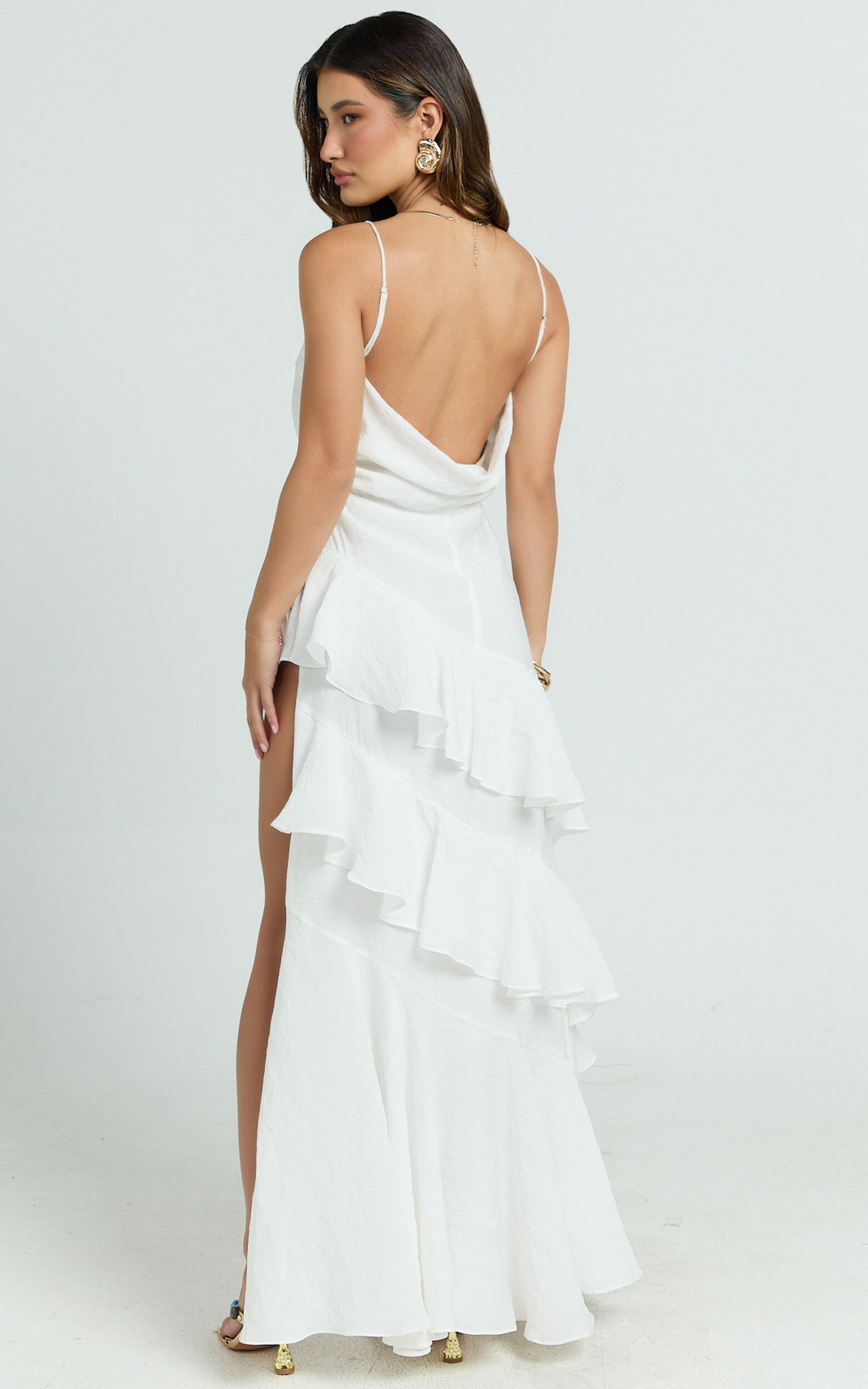 Adelaide Maxi Dress - Georgette Asymmetric Ruffle Hem Bias Cut Dress in White