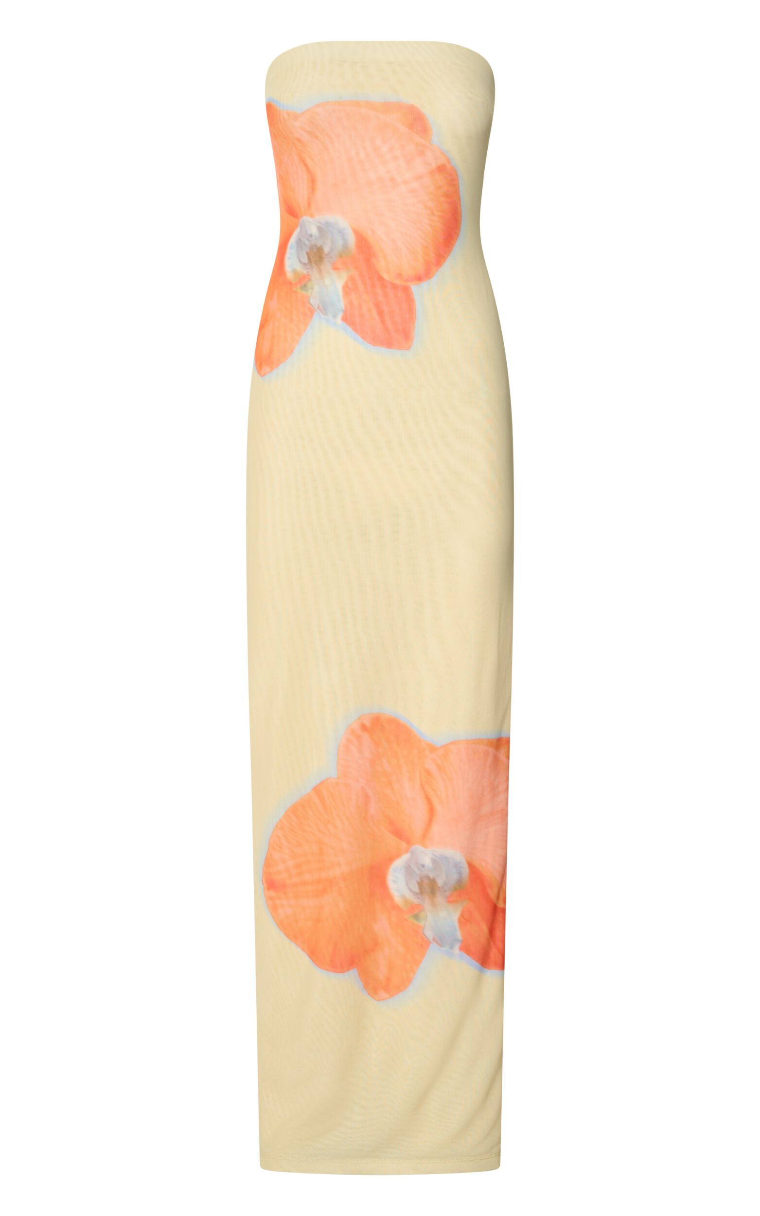 Aretta Maxi Dress - Strapless Fitted Placement Mesh Print Dress in Orchid Print