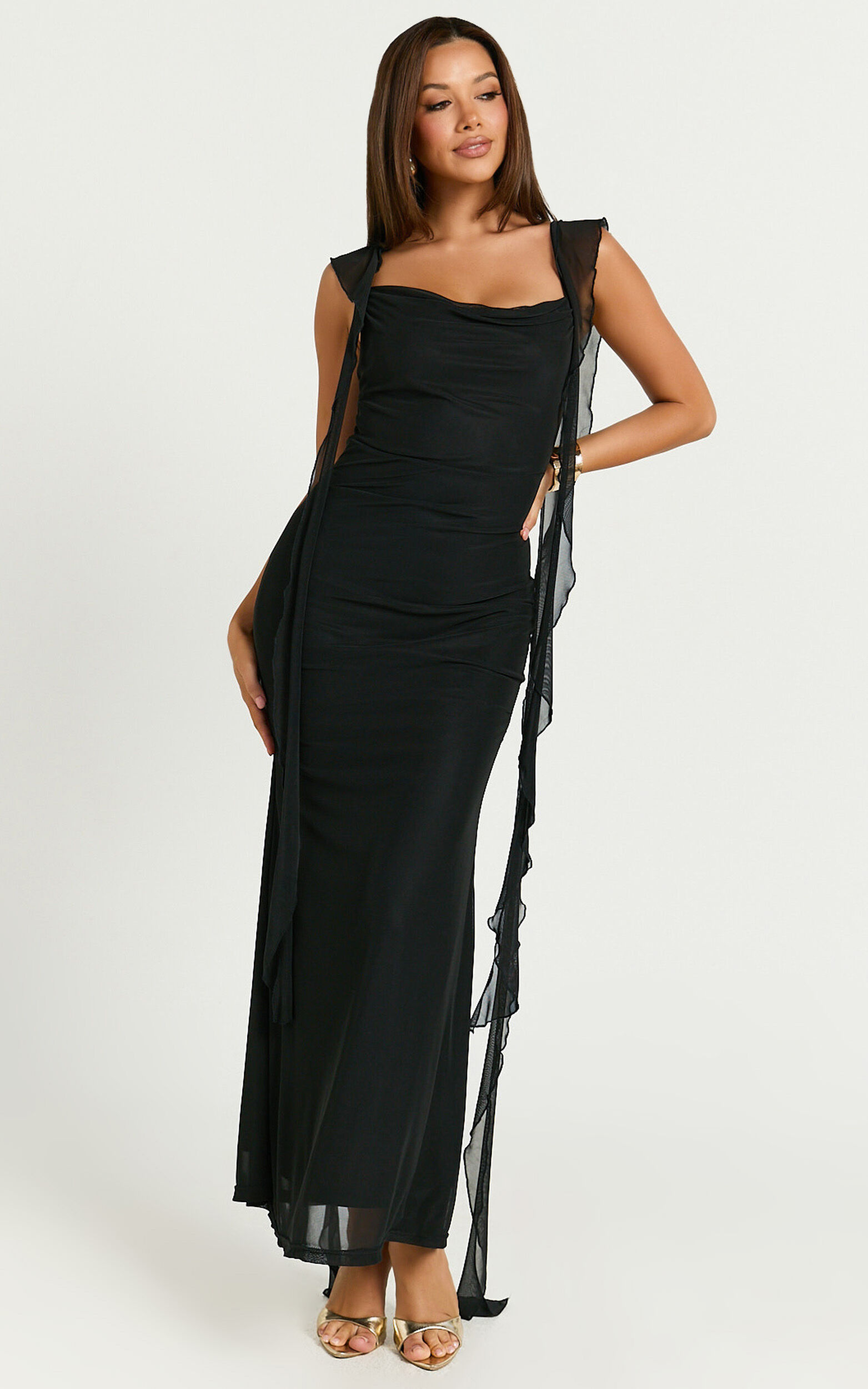 Rosha Maxi Dress - Ruffle Strap Dress in Black