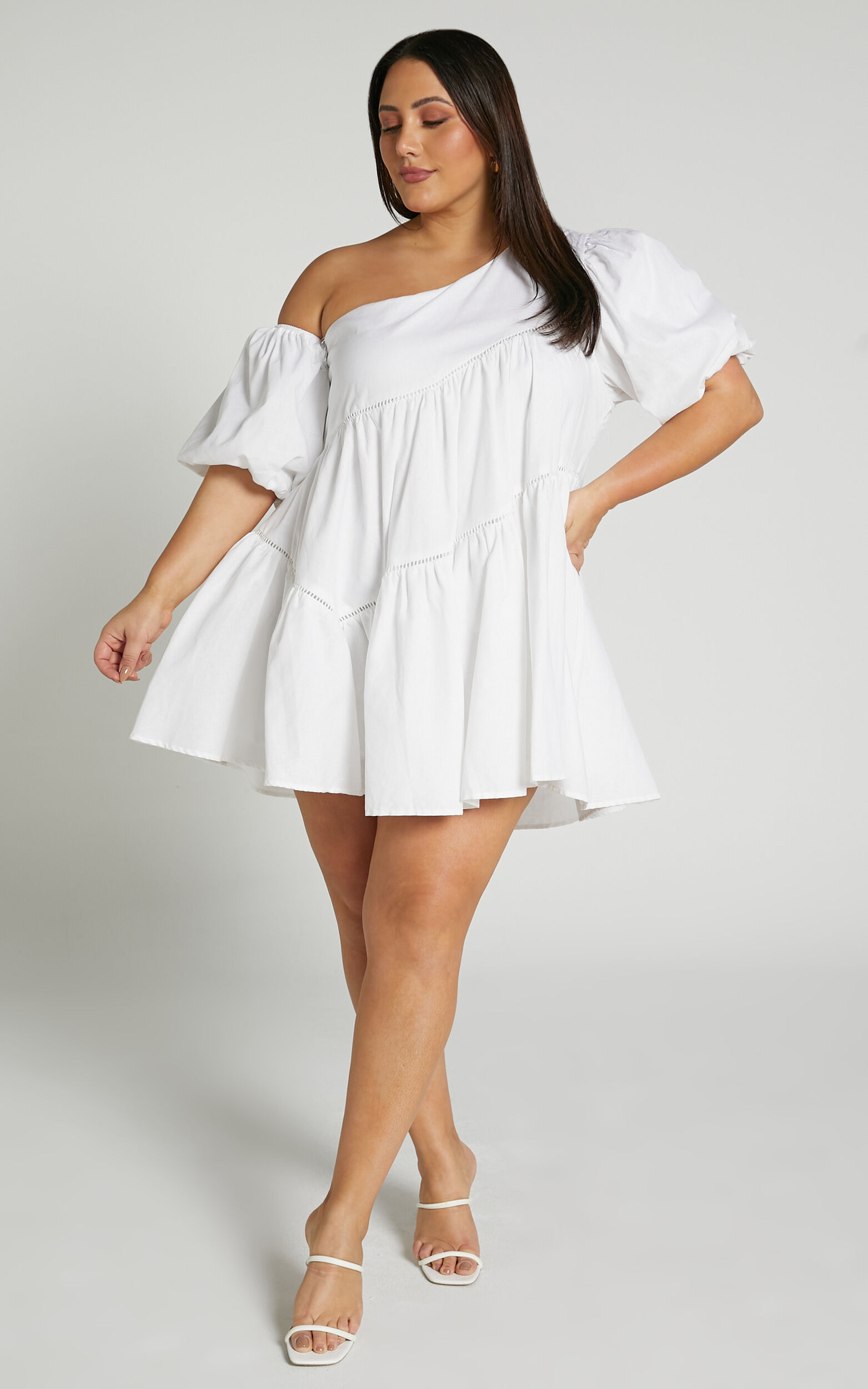 Harleen Mini Dress - Linen Asymmetrical Trim Puff Sleeve Dress in White
