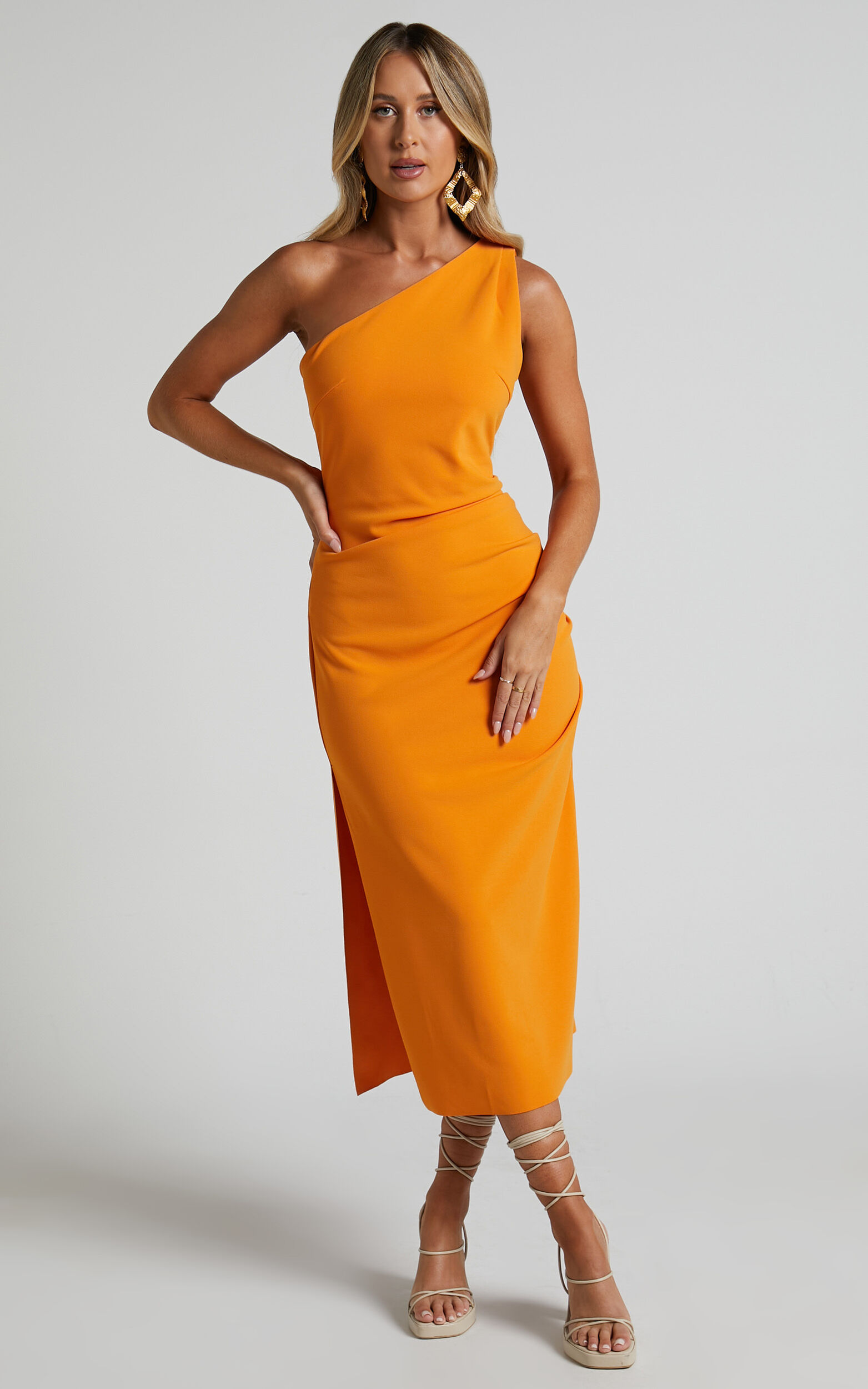 Monette Midi Dress - One Shoulder Straight Dress in Orange