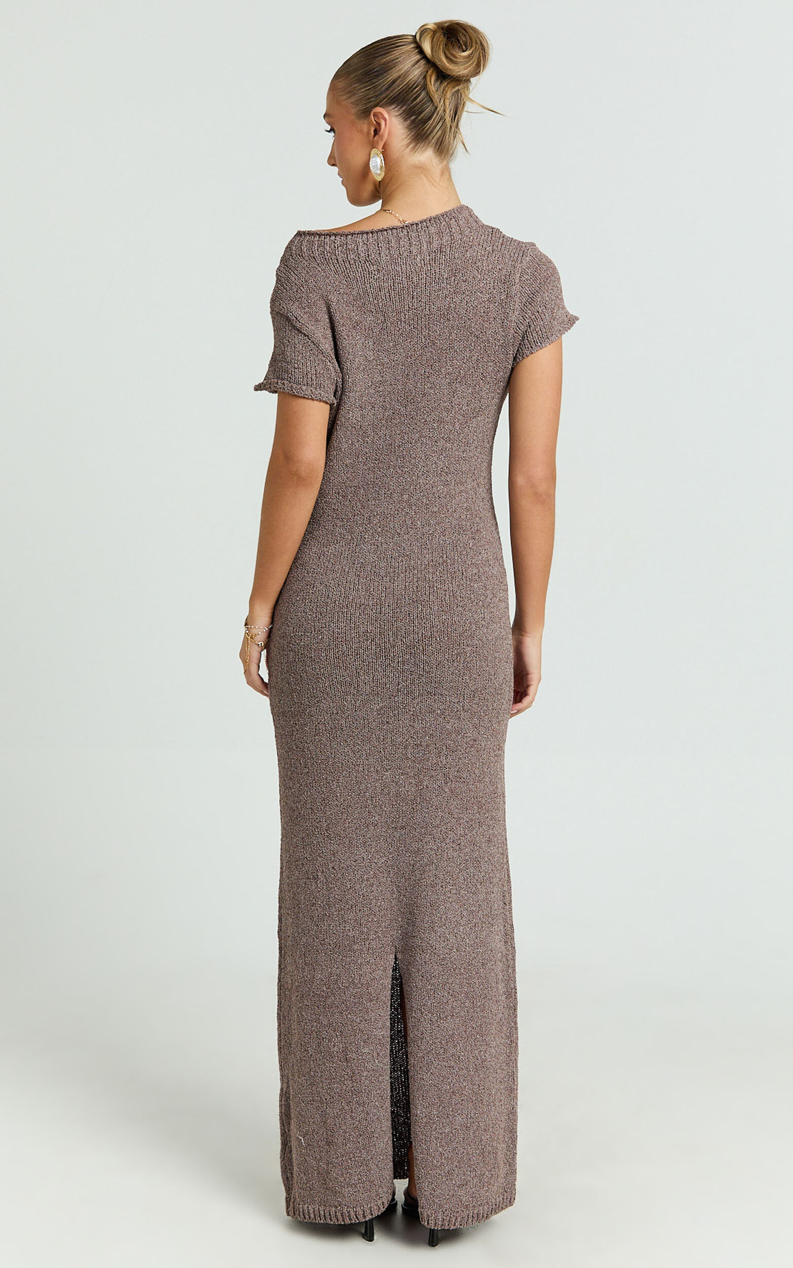 Amber Maxi Dress - Knitted T-Shirt Dress in Brown