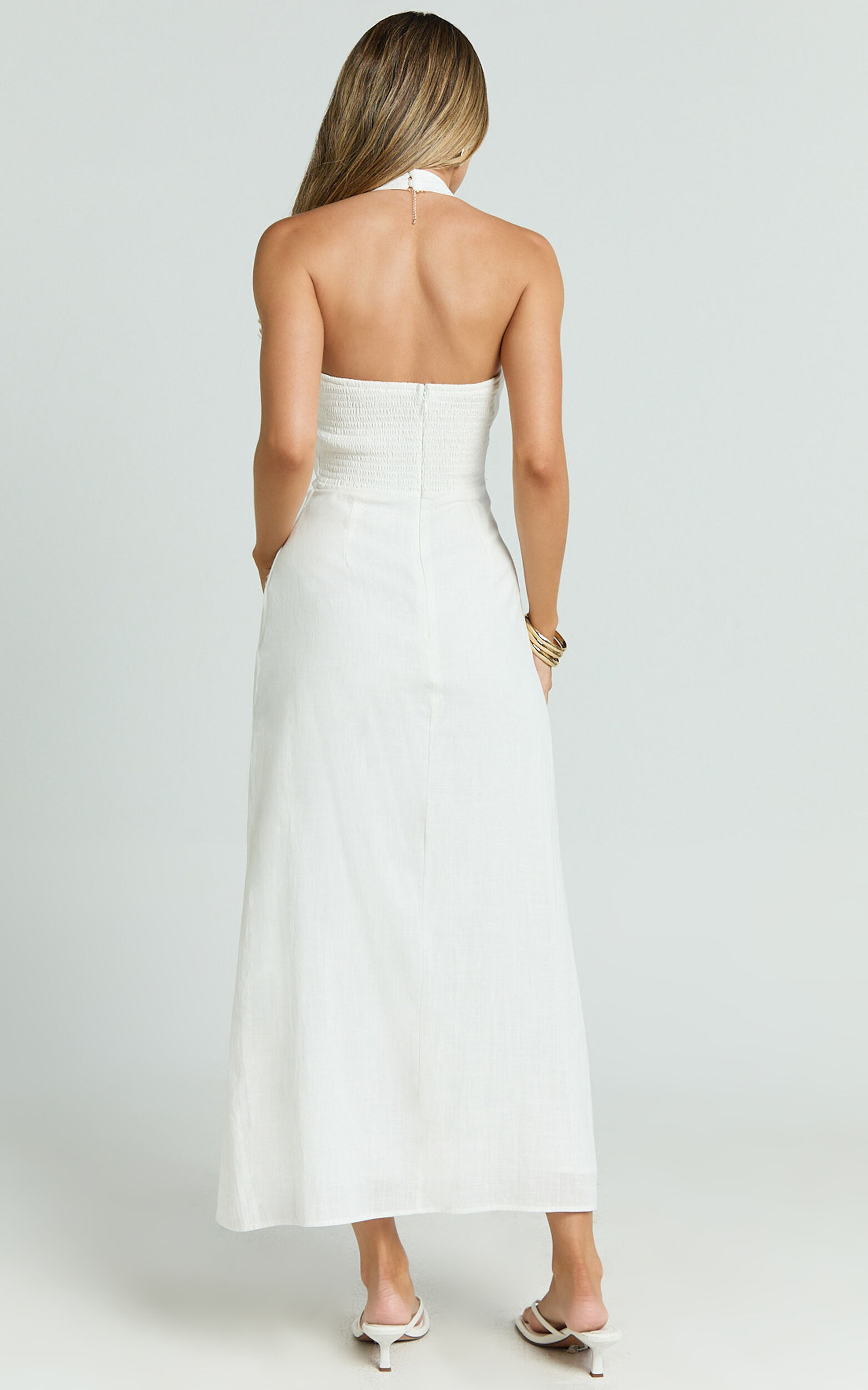 Lindley Midi Dress - Halter Neck Linen Look Dress in White
