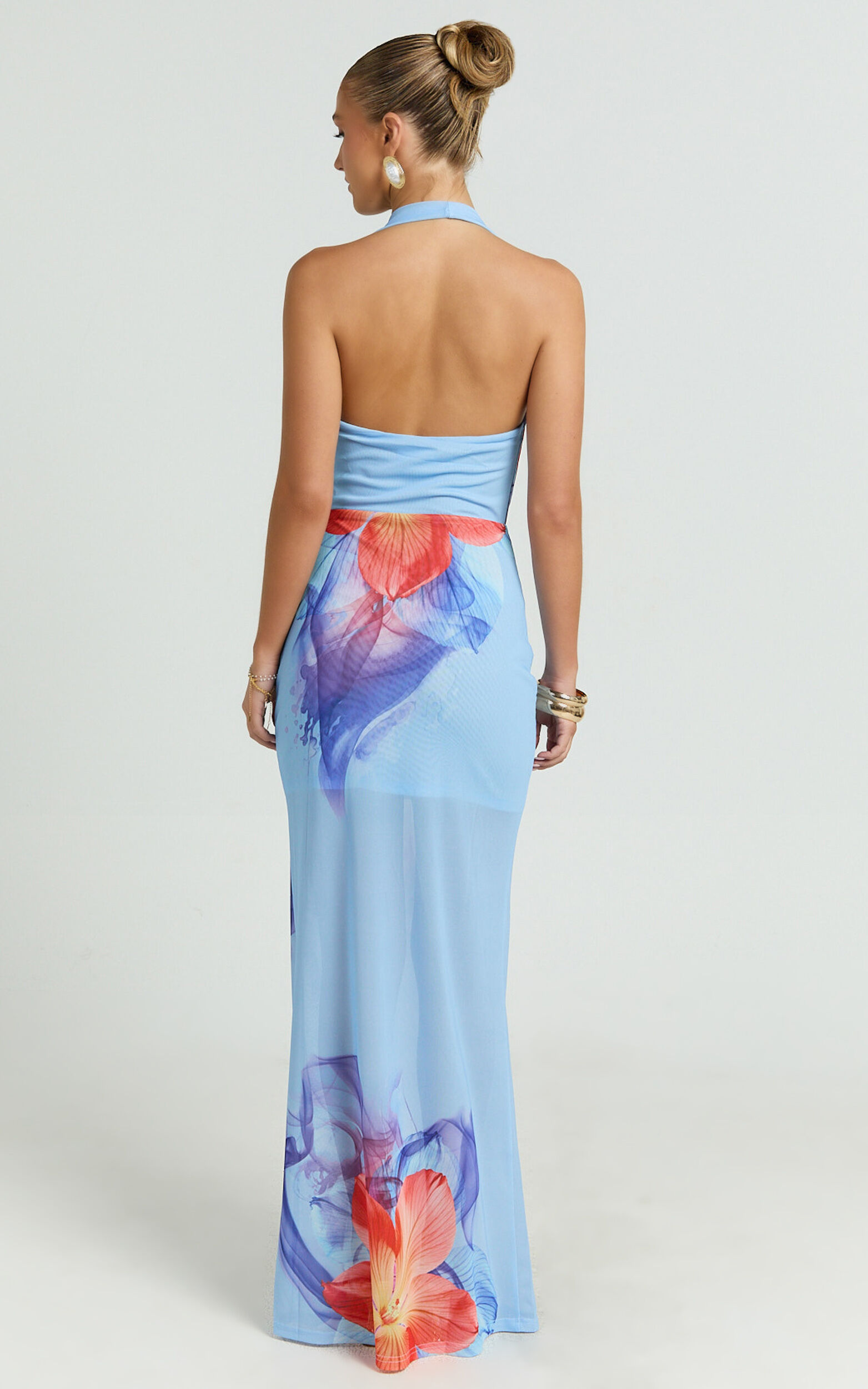 Larissa Maxi Dress - Mesh Low Cowl Halter Neck Bodycon Dress in Electric Orchid