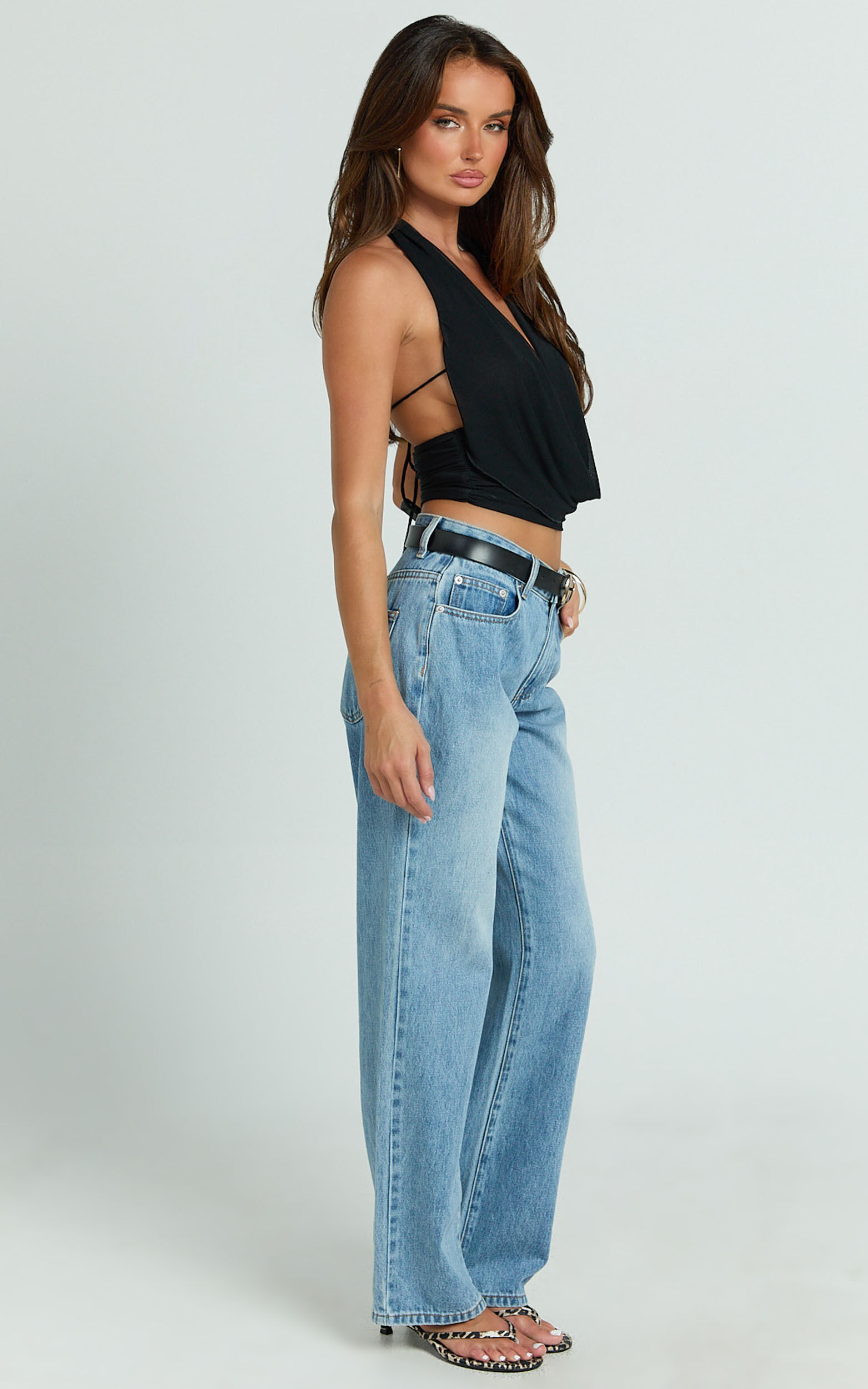 Britta Top - Cowl Neck Halter Crop Top in Black