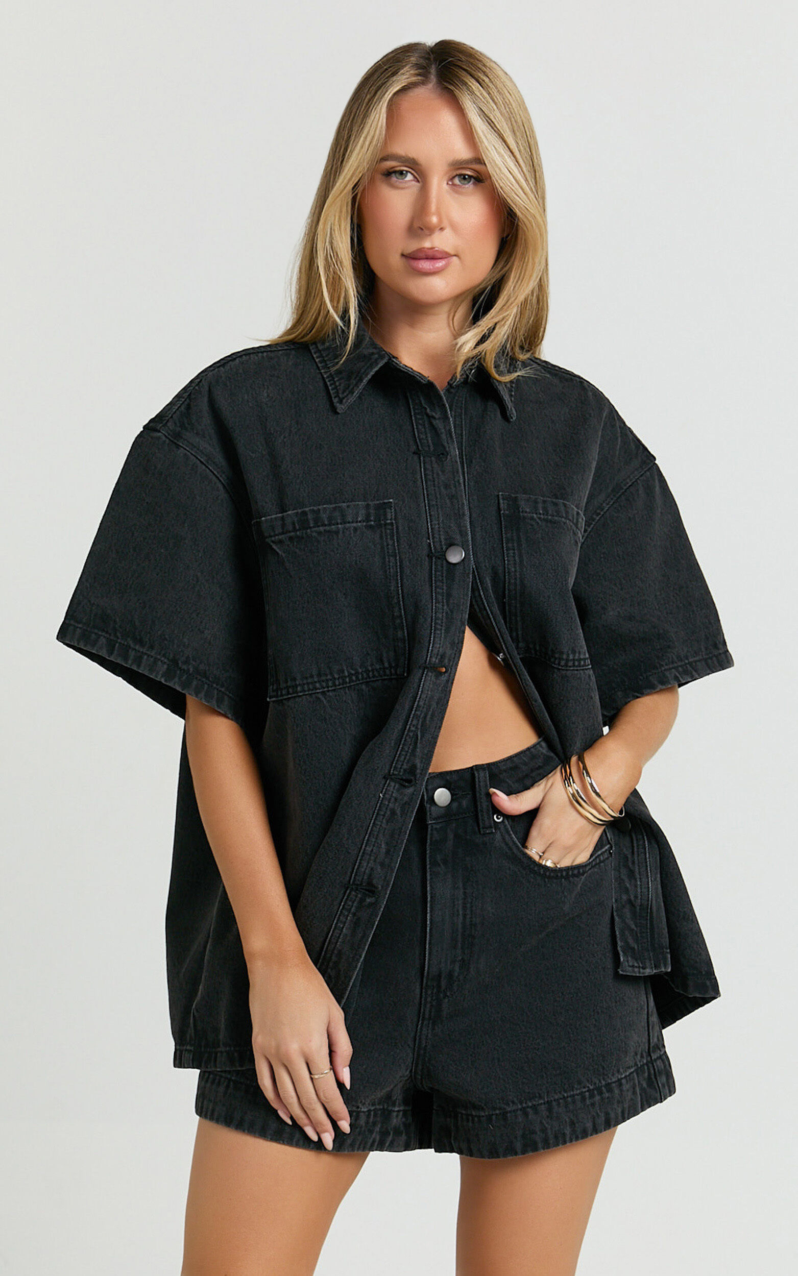 Rhianna Shorts - Mid Waist Recycled Denim Shorts in Washed Black