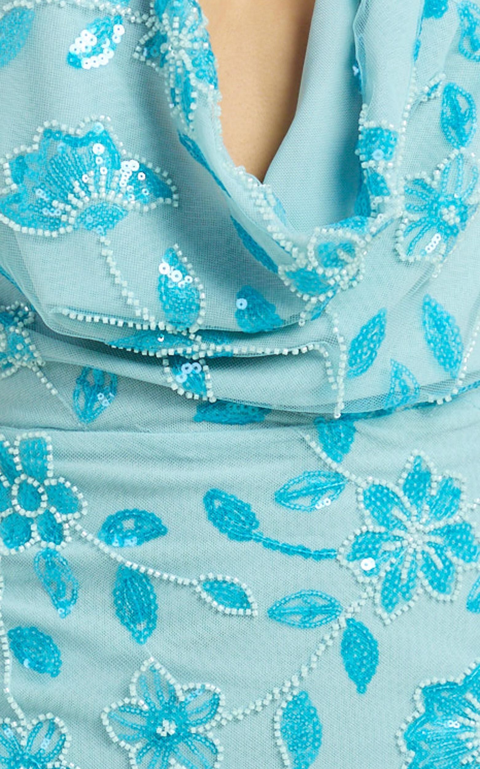 Poppy Mini Dress - Cowl Neck Backless Fitted Skirt Sequin Mesh Dress in Blue