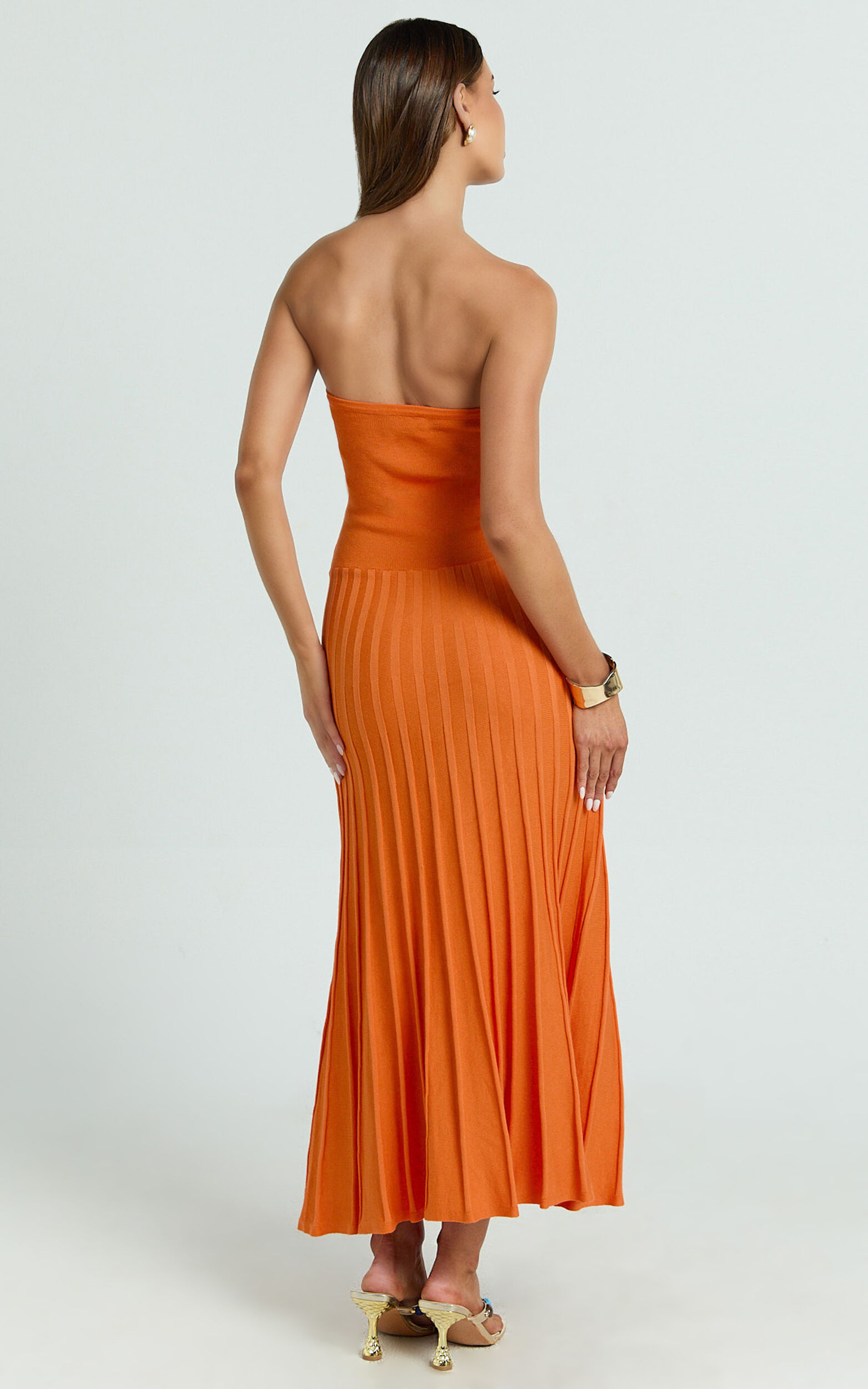 Paris Midi Dress - Strapless Drop Waist Pleated Knit Dress in Orange