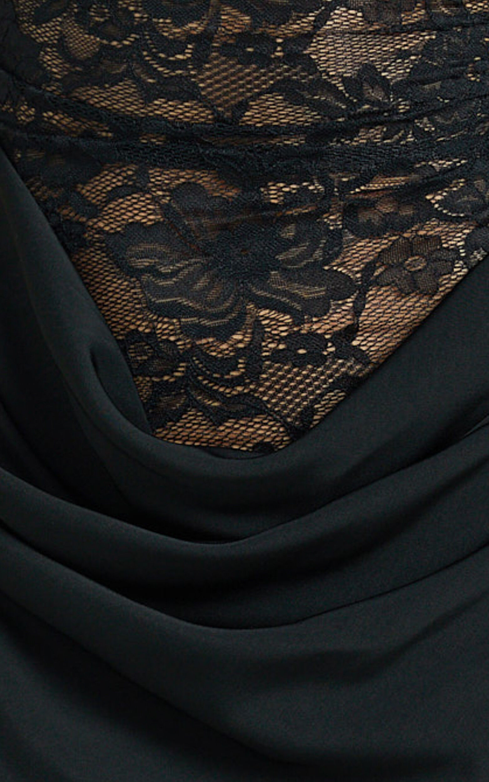 Rania Maxi Dress - Contrast Lace Bodice Bias Cowl Drop Waist Dress in Black