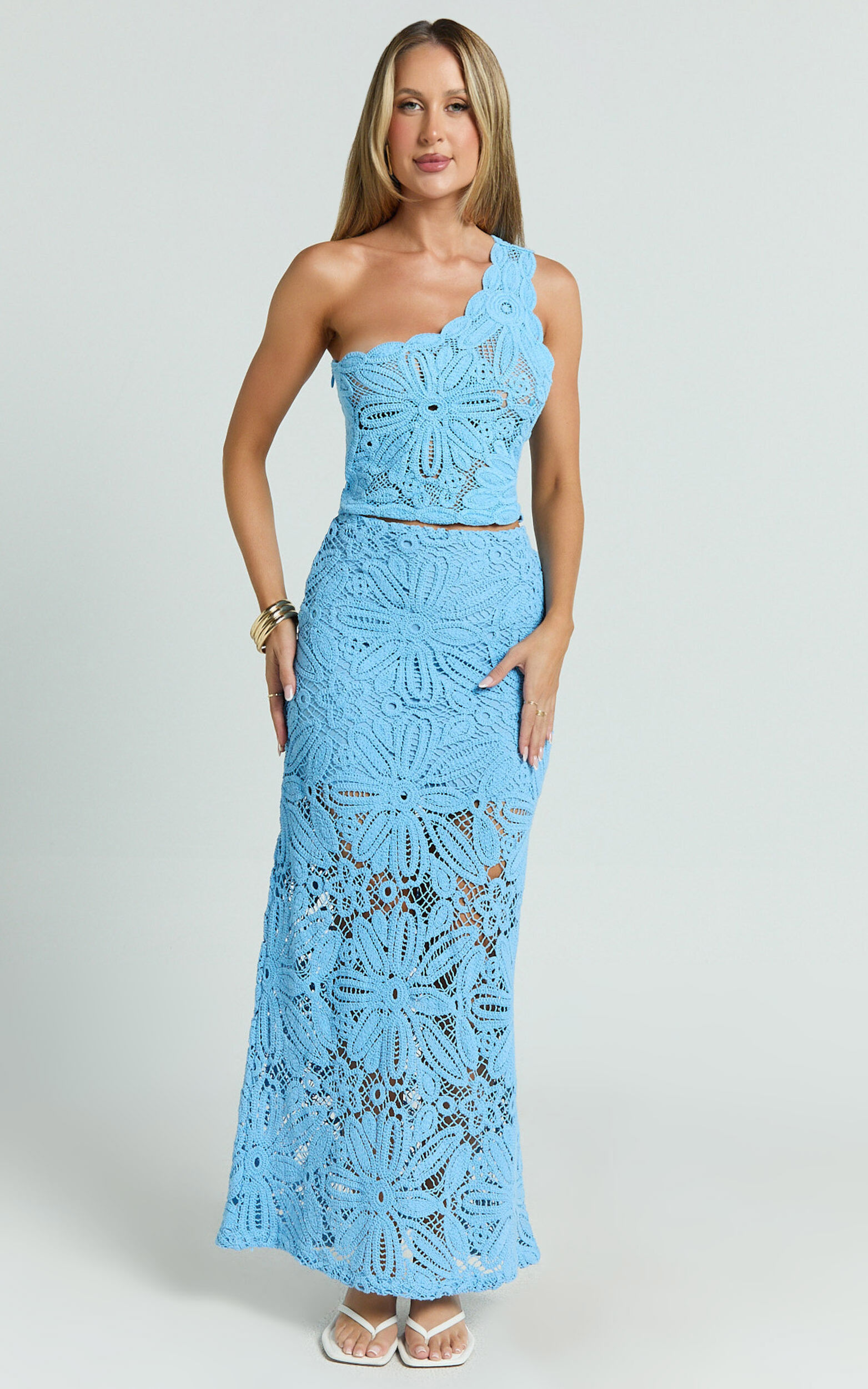 Charlene Maxi Skirt - Crochet Fit And Flare Skirt in Blue