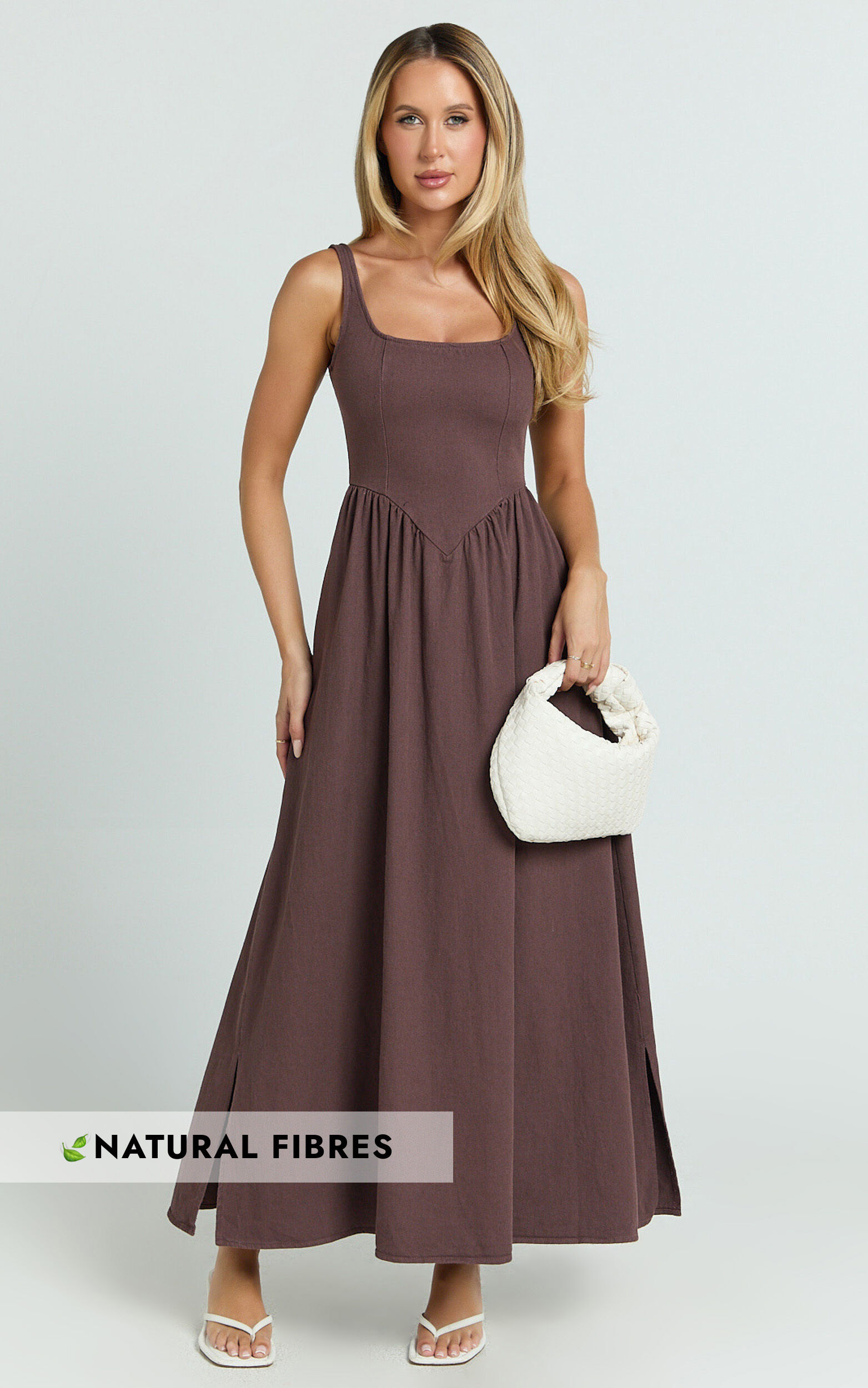 Rhaziya Midi Dress - Sleeveless Straight Neck Fit and Flare Dress in Chocolate