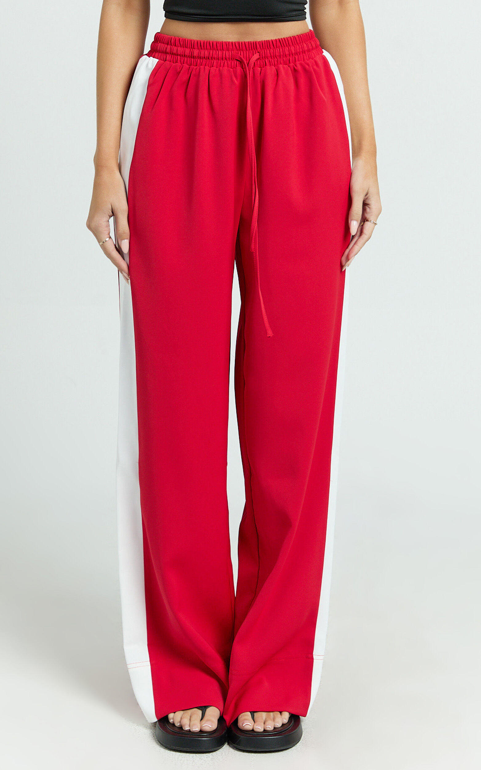 Davi Pants - Drawstring Waist Contrast Panel Tailored Pants in Red