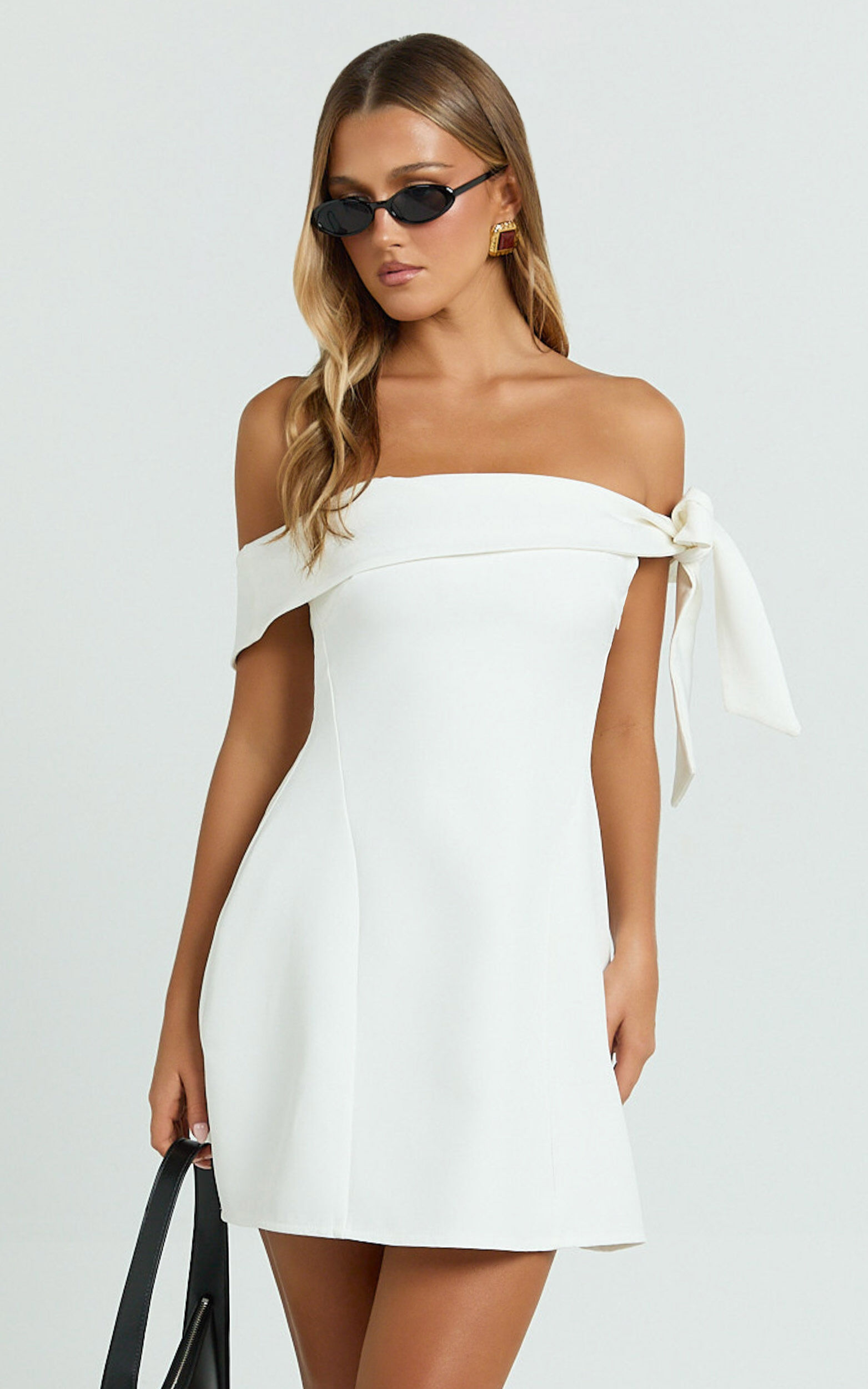 Cecilia Mini Dress - Off Shoulder Tie Detail Dress in White