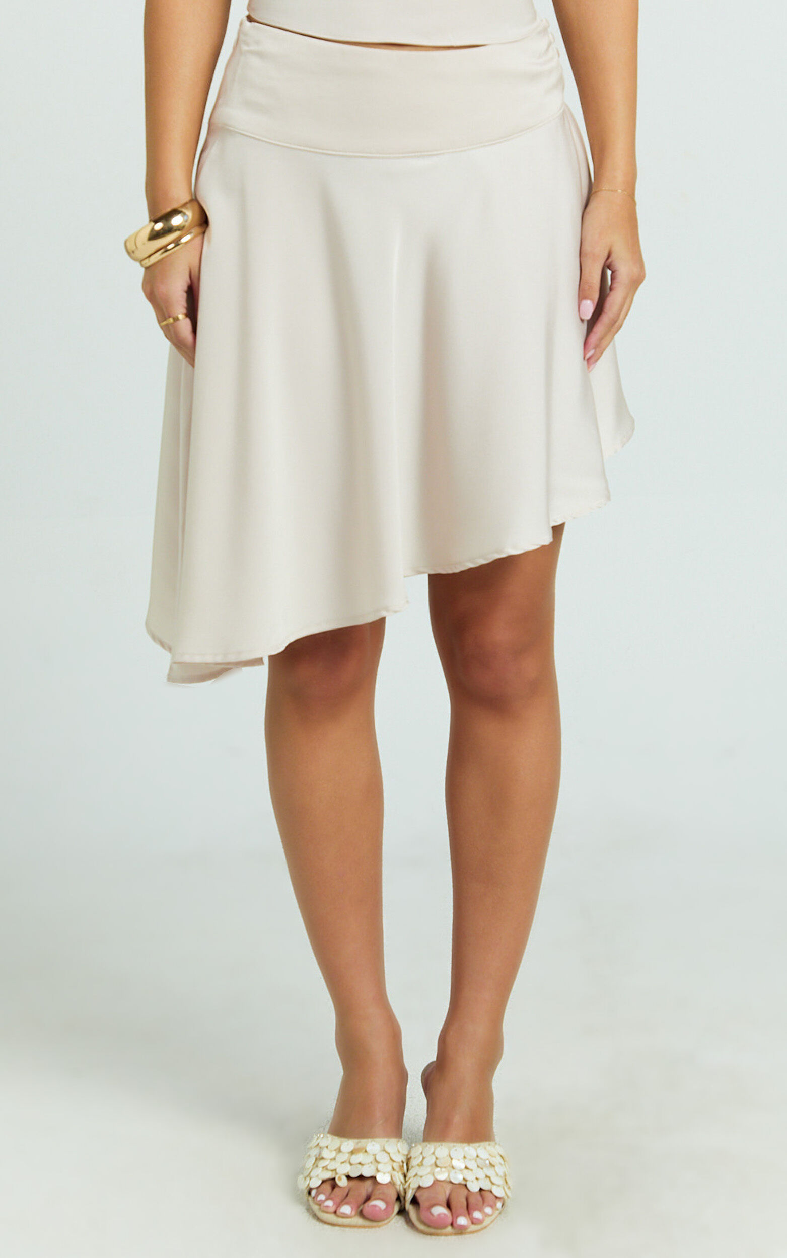 Eugenia Midi Skirt - Mid Waisted Asymmetric Satin Skirt in Cream