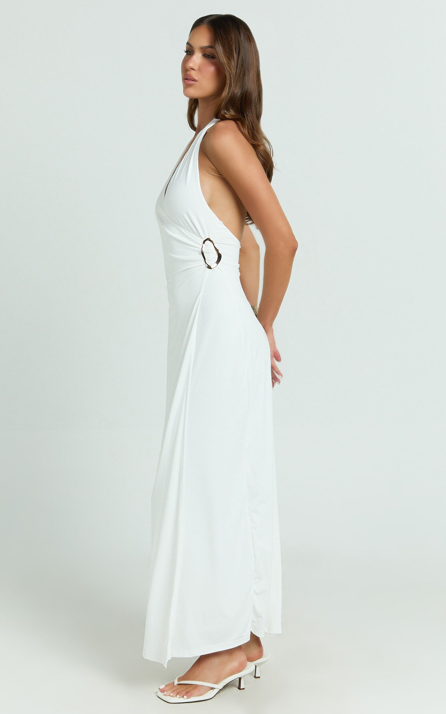 Roseville Maxi Dress - Wrap Front Halter Dress with Hardware Detail in White