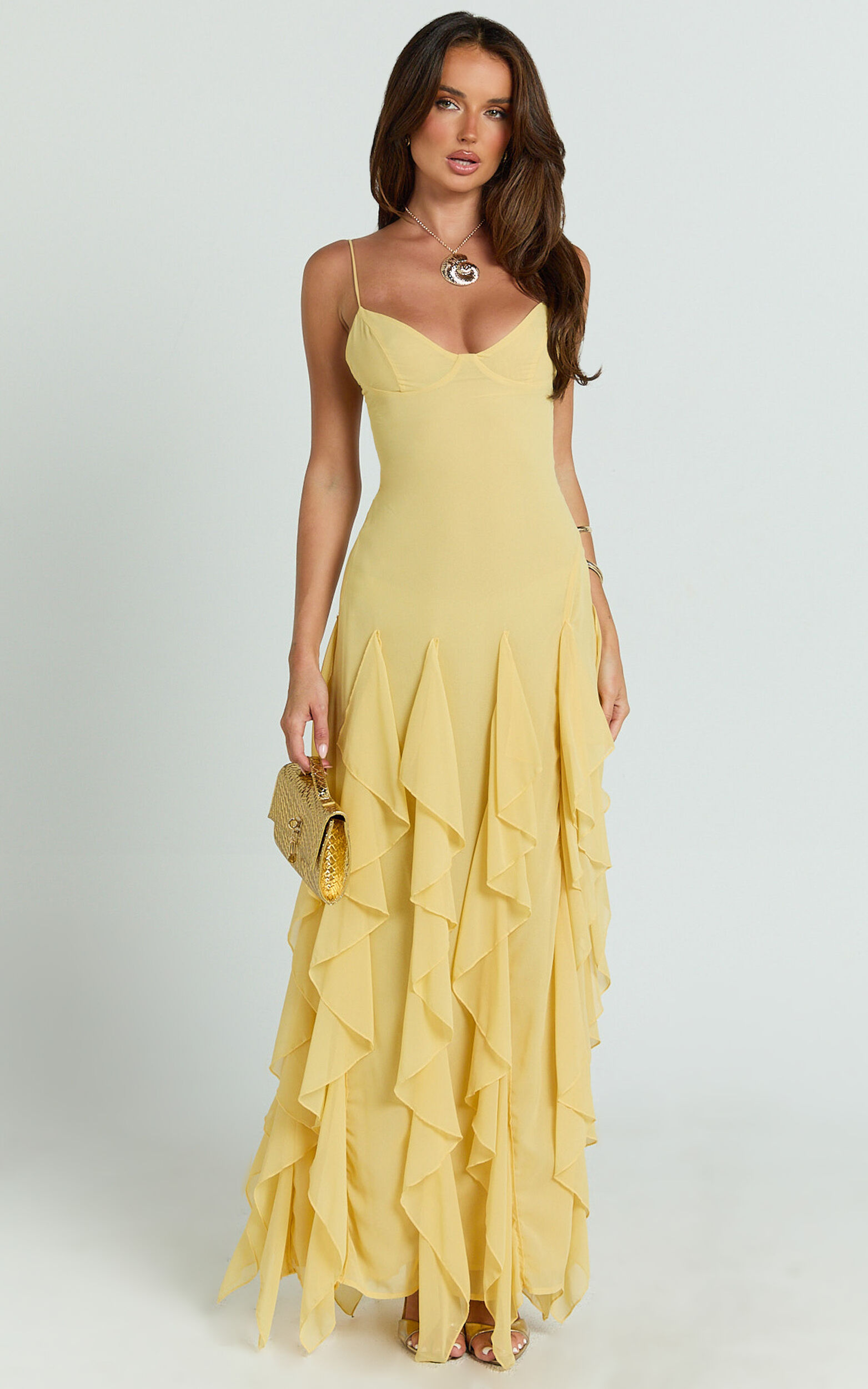 Maeve Maxi Dress - V Neck Ruffle Tier Slip Dress in Lemon