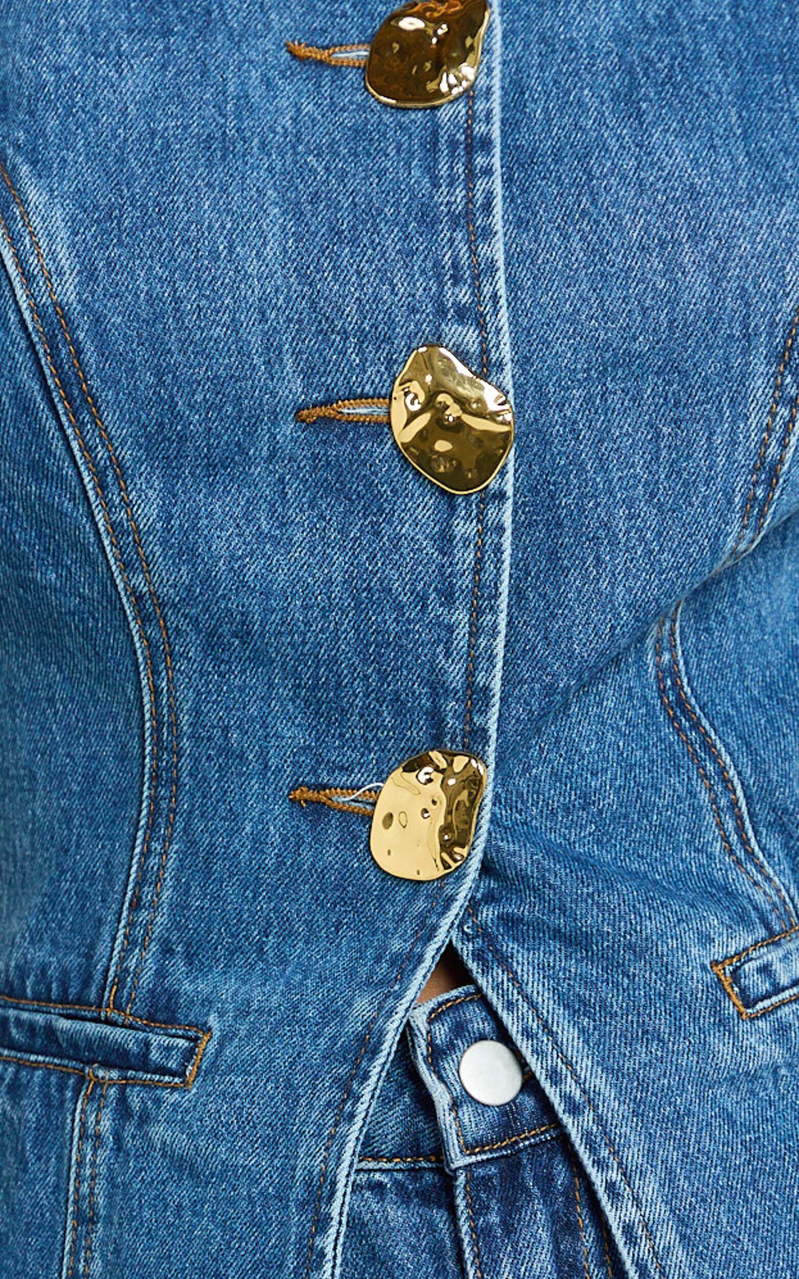 Rhianna Top - Detailed Button Down Longline Recycled Denim Vest Top in Dark Blue Wash