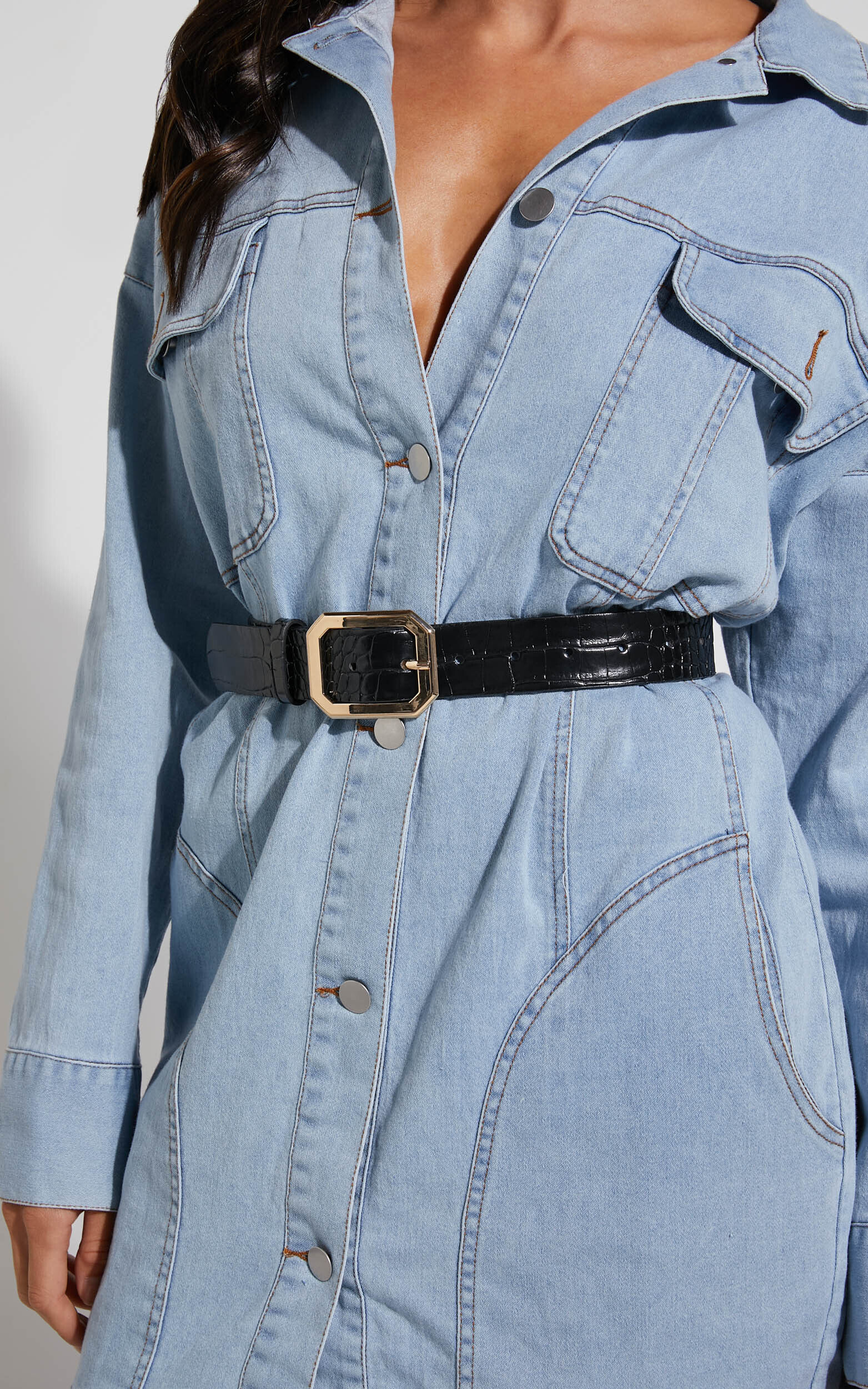 Mason Croc Square Buckle Belt in Black