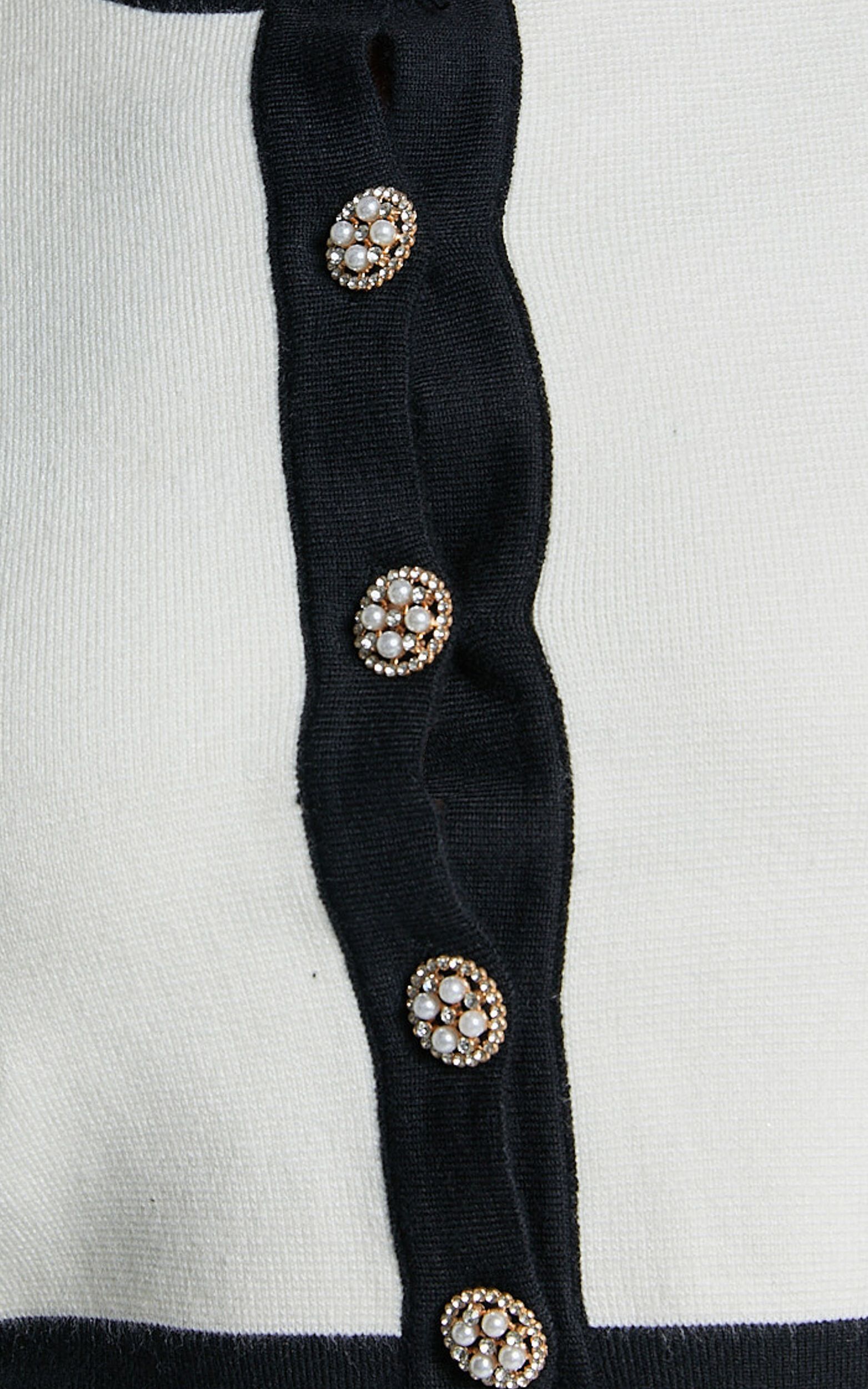 Alyce Cardigan - Button Through Bow Detail Contrast Knit Cardigan in White & Black