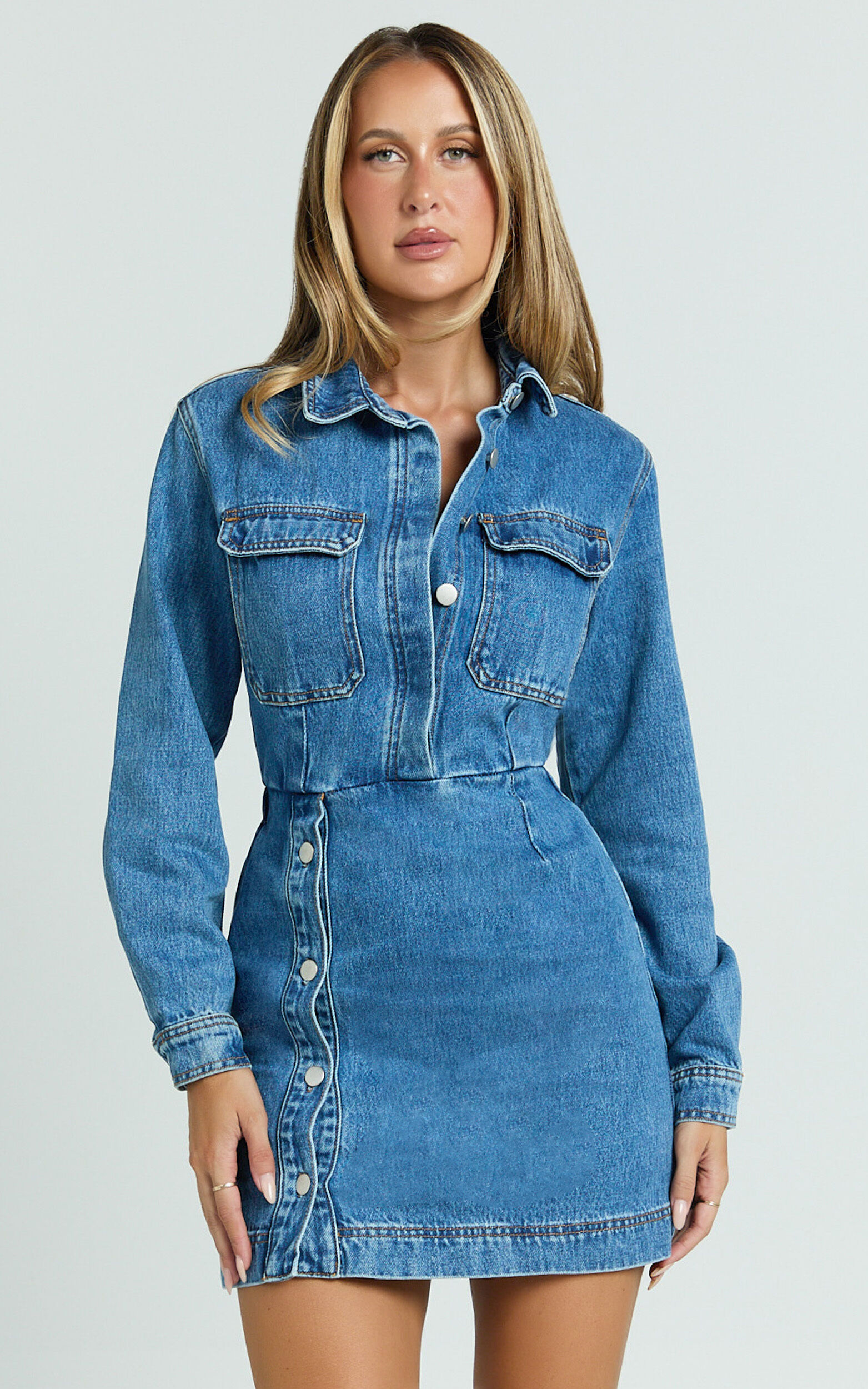Ainsley Mini Dress - Button Through Long Sleeve Denim Dress in Mid Blue Wash