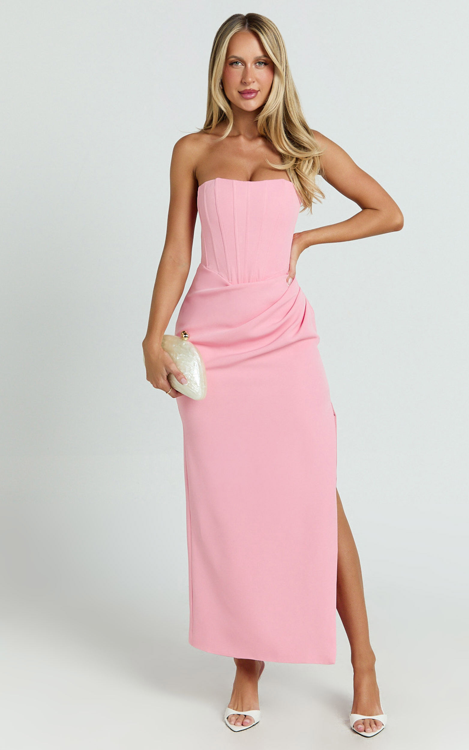 Avery Midi Dress - Strapless Draped Side Split Dress in Pink