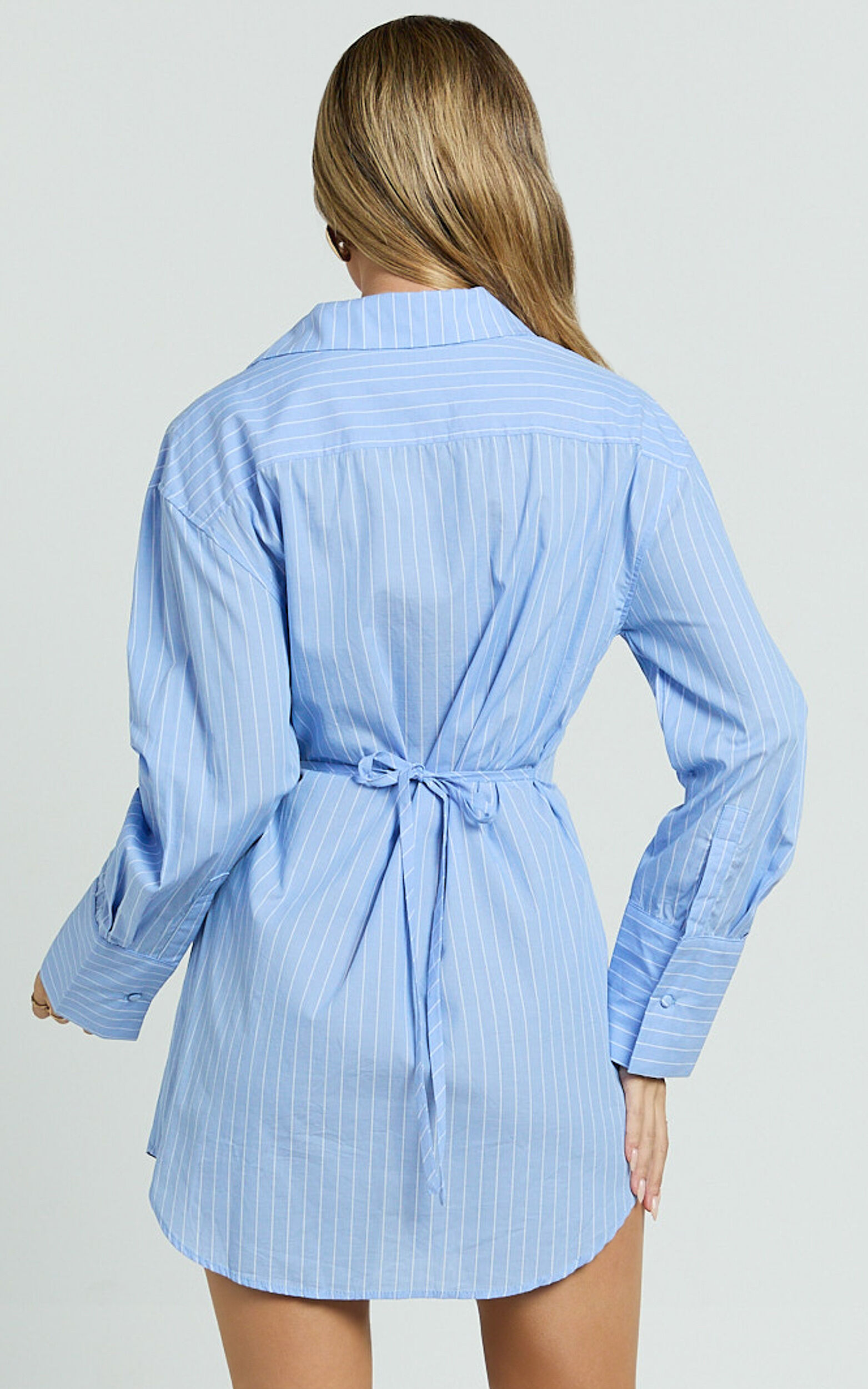 Sanya Mini Dress - Cinched Waist Stripe Dress in Blue