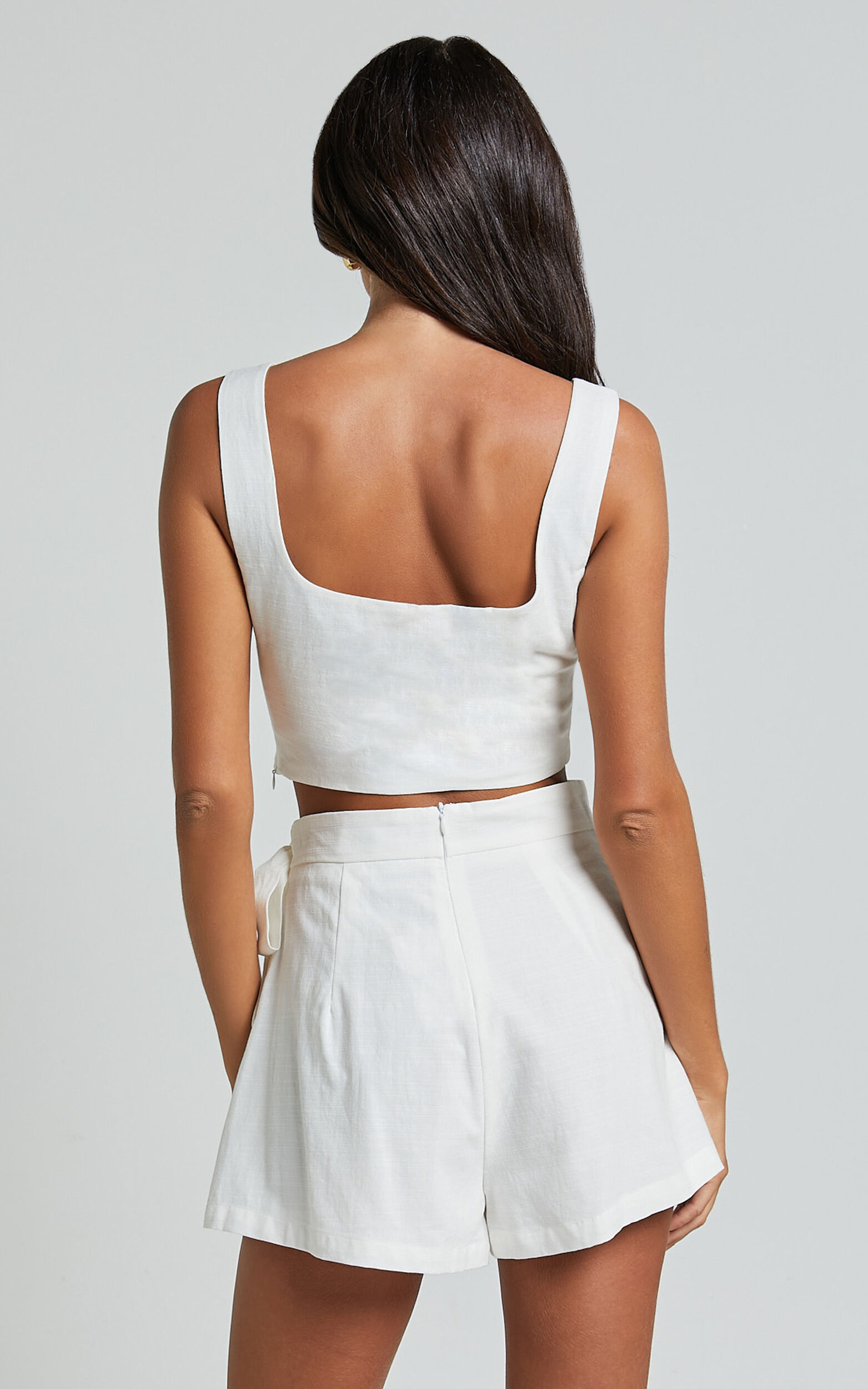 Polina Two Piece Set - Linen Square Neck Crop Top and Tie Waist Skort Set in White