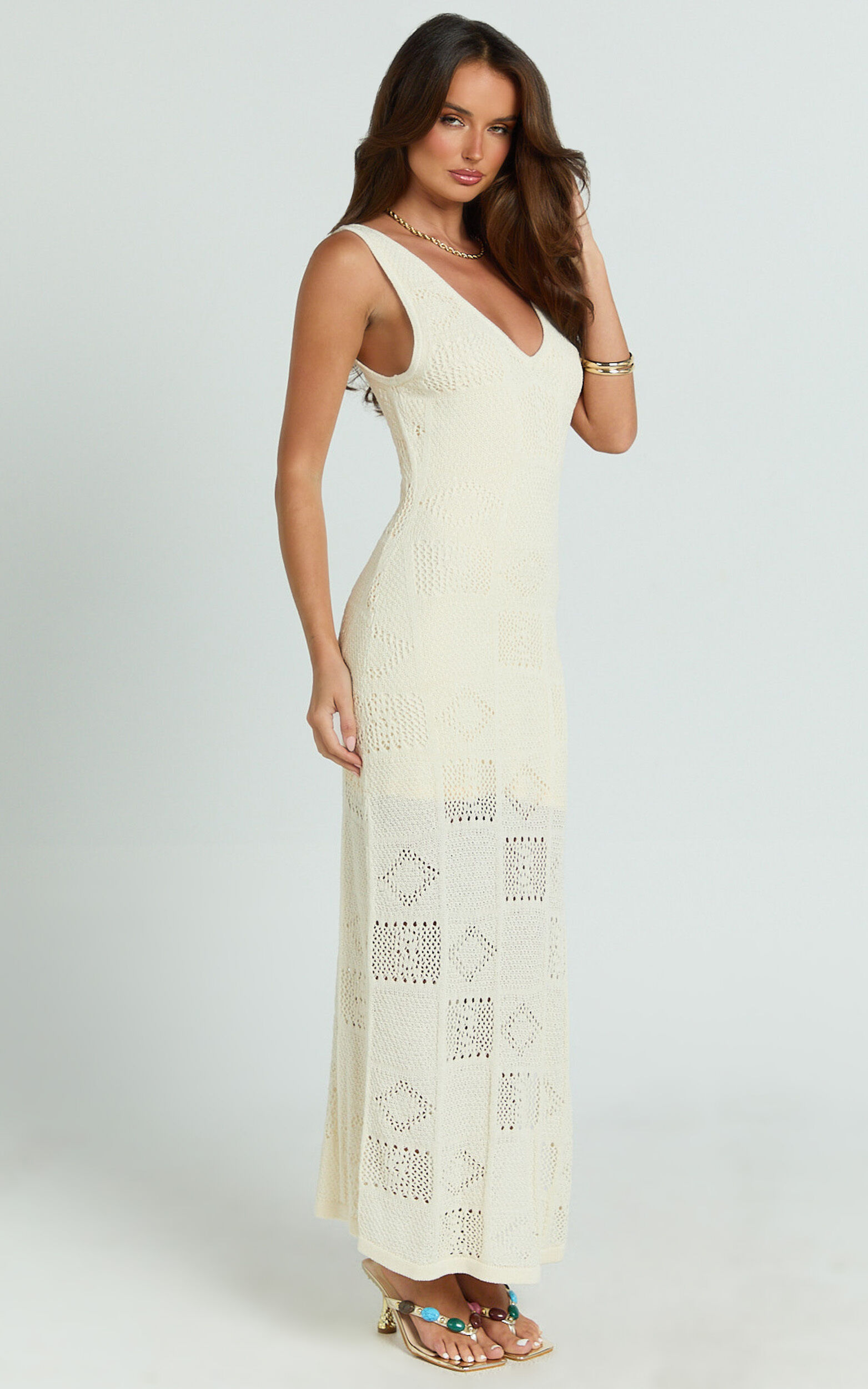 Taylor Maxi Dress - Crochet Knit Scoop Neck Dress in Cream