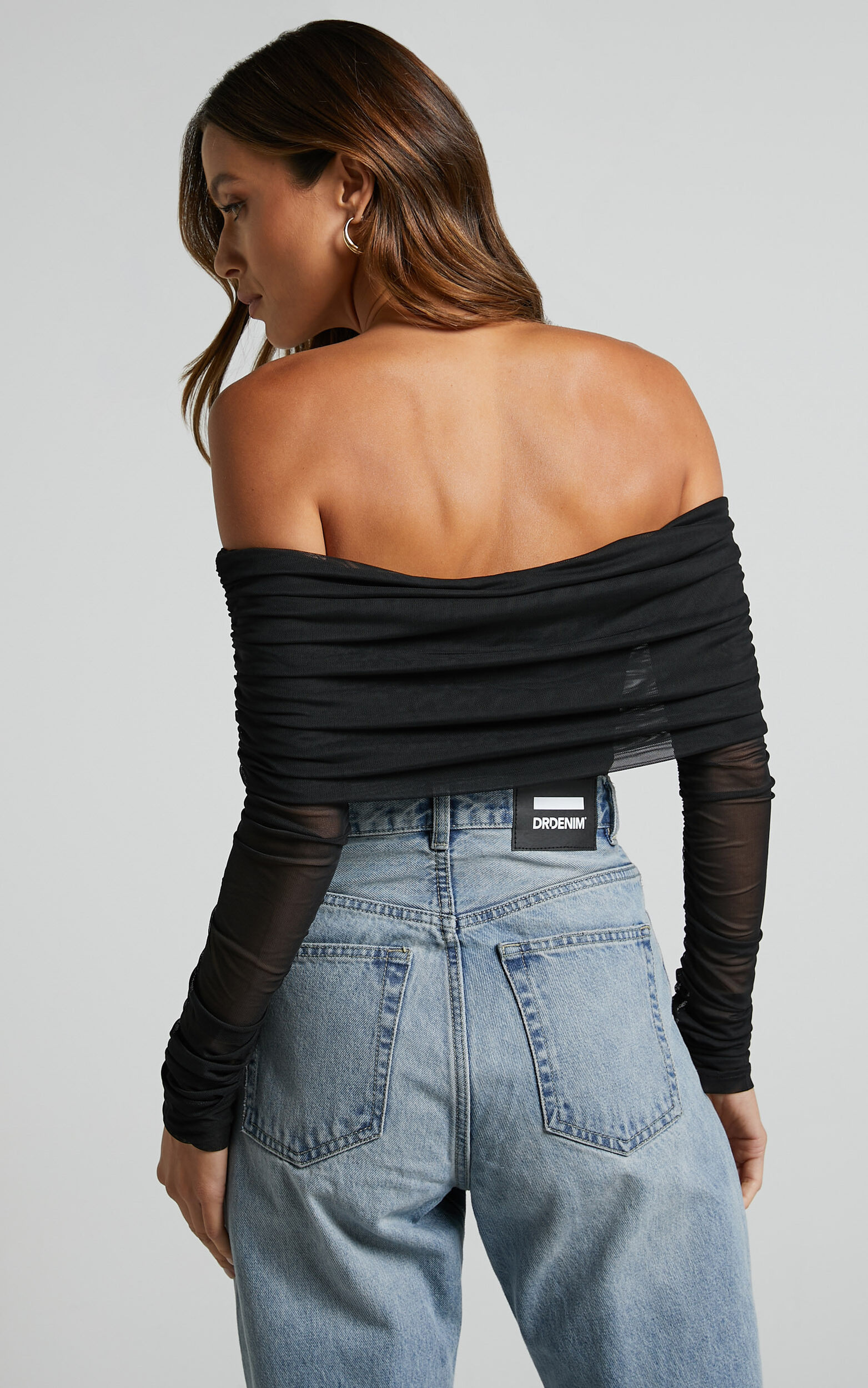 Jaythen Bodysuit - Long Sleeve Off Shoulder Ruched Mesh Bodysuit in Black