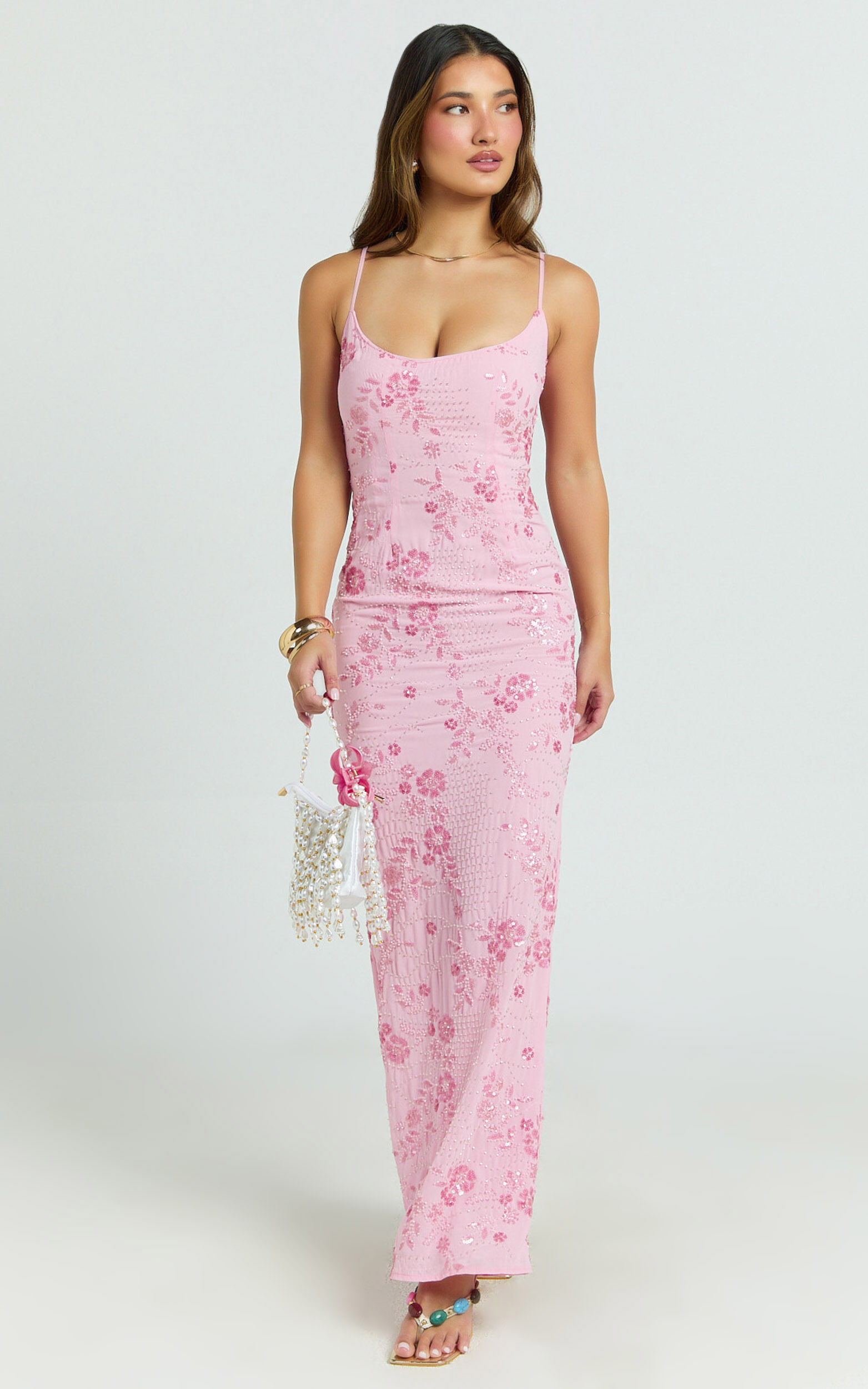 Shari Maxi Dress - Strappy Scoop Neck Column Fitted Sequin Mesh Dress in Pink