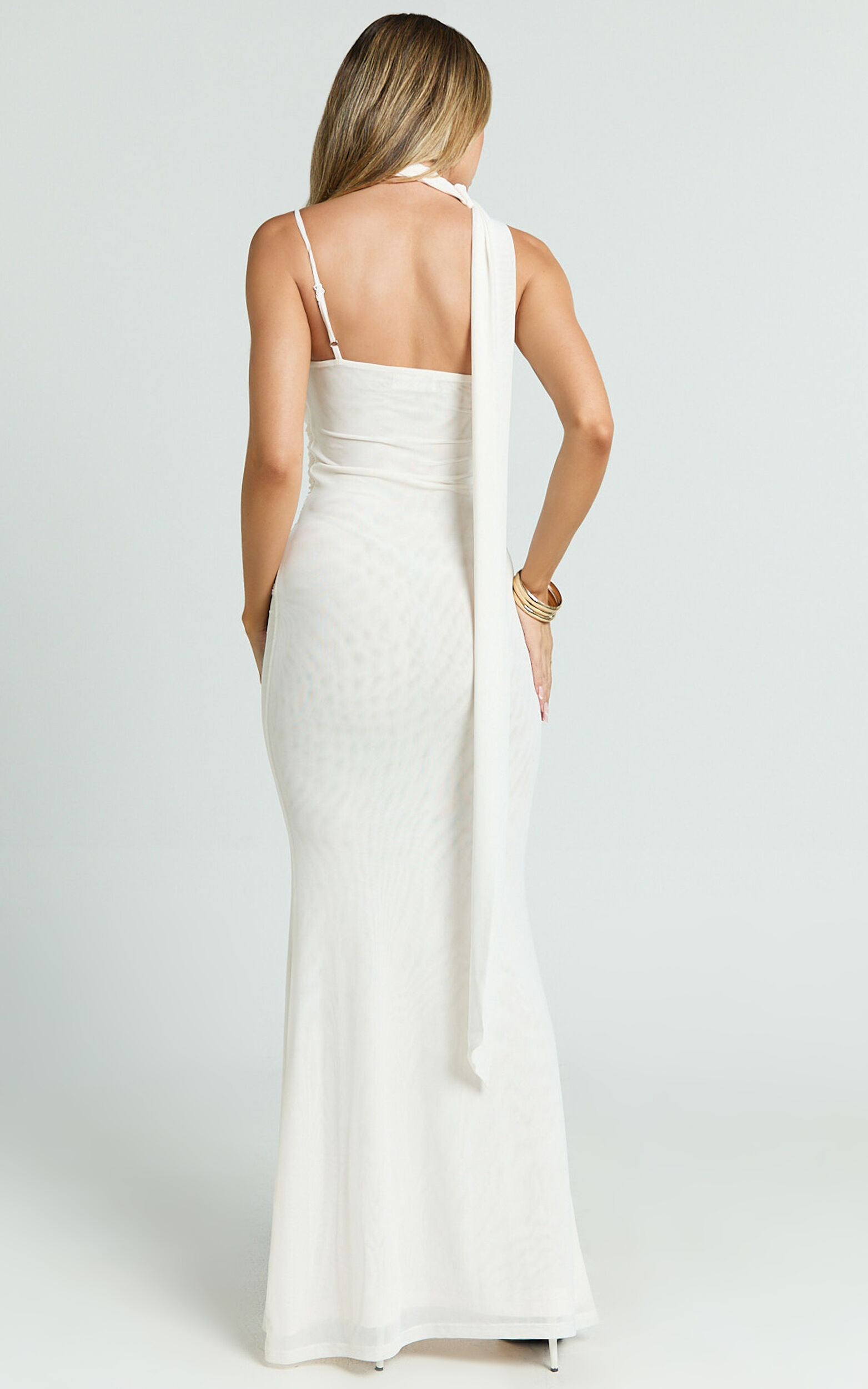 Larson Maxi Dress - Asymmetric Tie Neck Column Dress in Cream