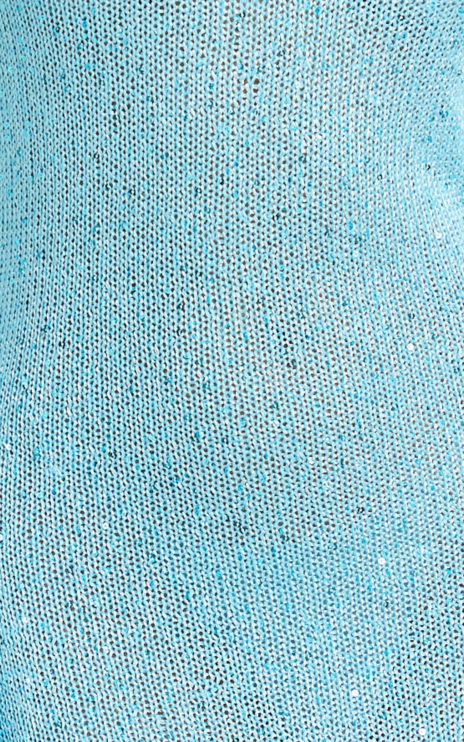 Inez Maxi Dress - High Neck Long Sleeve Scoop Back Sequin Open Knit Column Dress in Light Blue